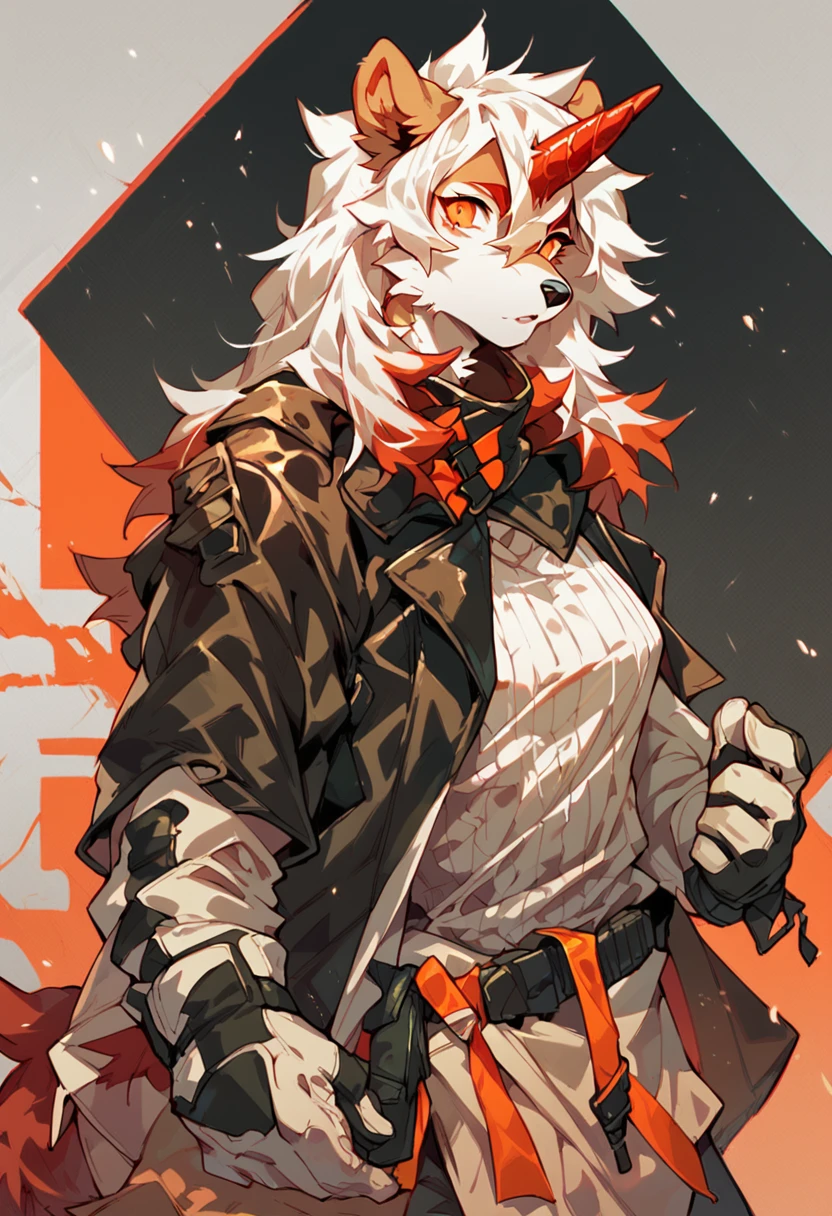 score_9, score_8_up, score_7_up, score_6_up, furry, anthro, solo, adult, realistic, hung, perro, arknights, two-tone fur, medium hair, white hair, single horn, orange eyes, cowboy shot, detailed background, <lora:Hung:1>