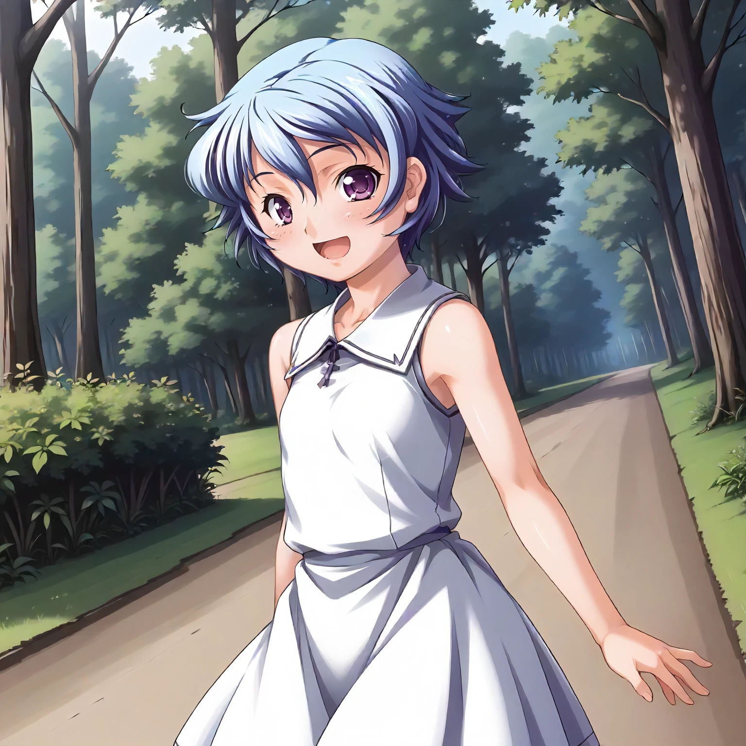 <lora:SDG_AkaneSakurazawaXLpony002:0.9>,
outdoors,nature,
smile,open mouth,
solo,
AkaneSakurazawa,1girl,blue hair,short hair,purple eyes,
dress,sleeveless,