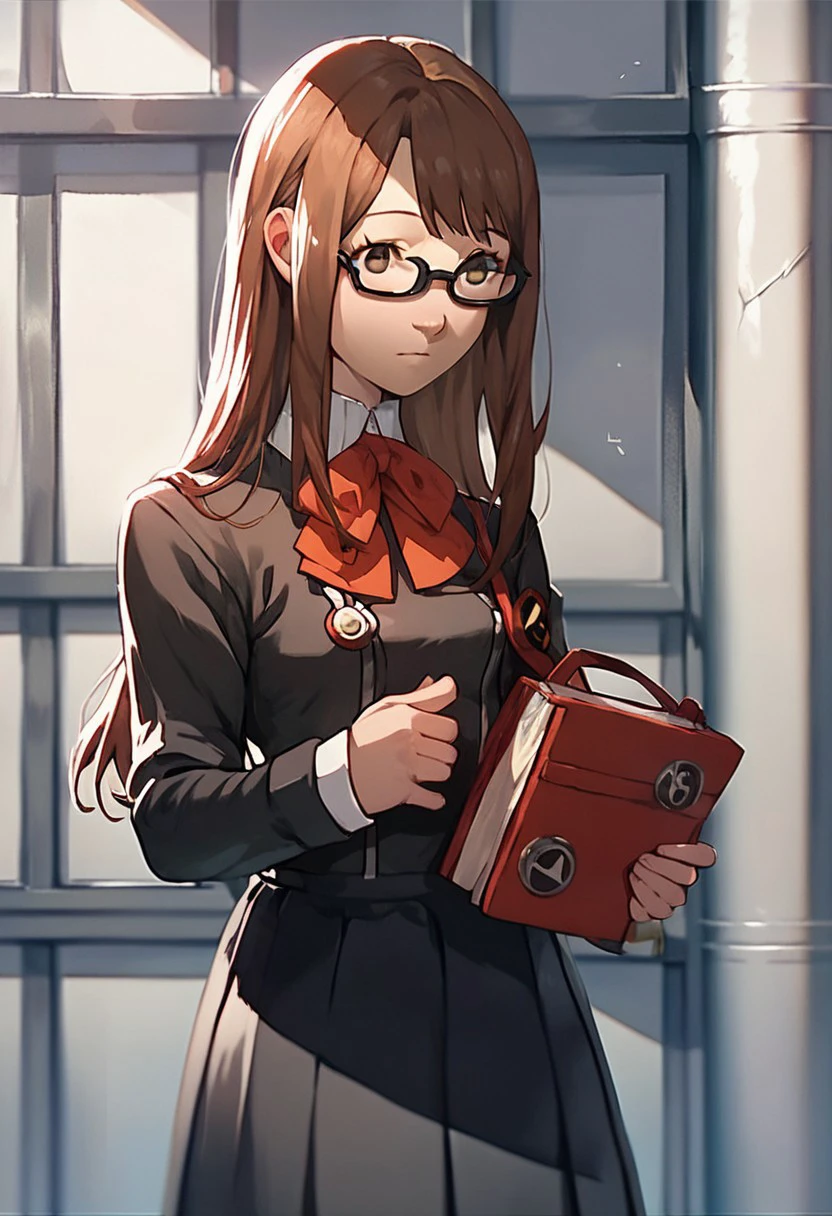 score_9, score_8_up, score_7_up, score_6_up, score_5_up, Fushimi Chihiro, 1girl, solo, long hair, skirt, brown hair, bow, ribbon, brown eyes, school uniform, glasses, gekkoukan high school uniform, long sleeves