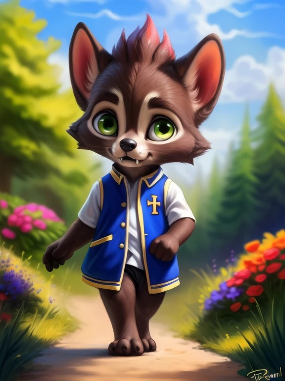 <lora:LoboSupMonYif:0.8> LoboSupMon, werewolf, green eyes, white shirt, green vest, fangs, chibi,
Looks at the viewer,    (( walking, ))
[ large window, (nature), forest, grass, day shining, clouds, flowers, blanket, blue pillows, ](solo focus),
(beautiful, aesthetic, perfect, delicate, intricate, saturated colors), masterpiece, digital drawing, best quality,
by ulitochka, by taran fiddler, by Silverfox5213, by personalami,