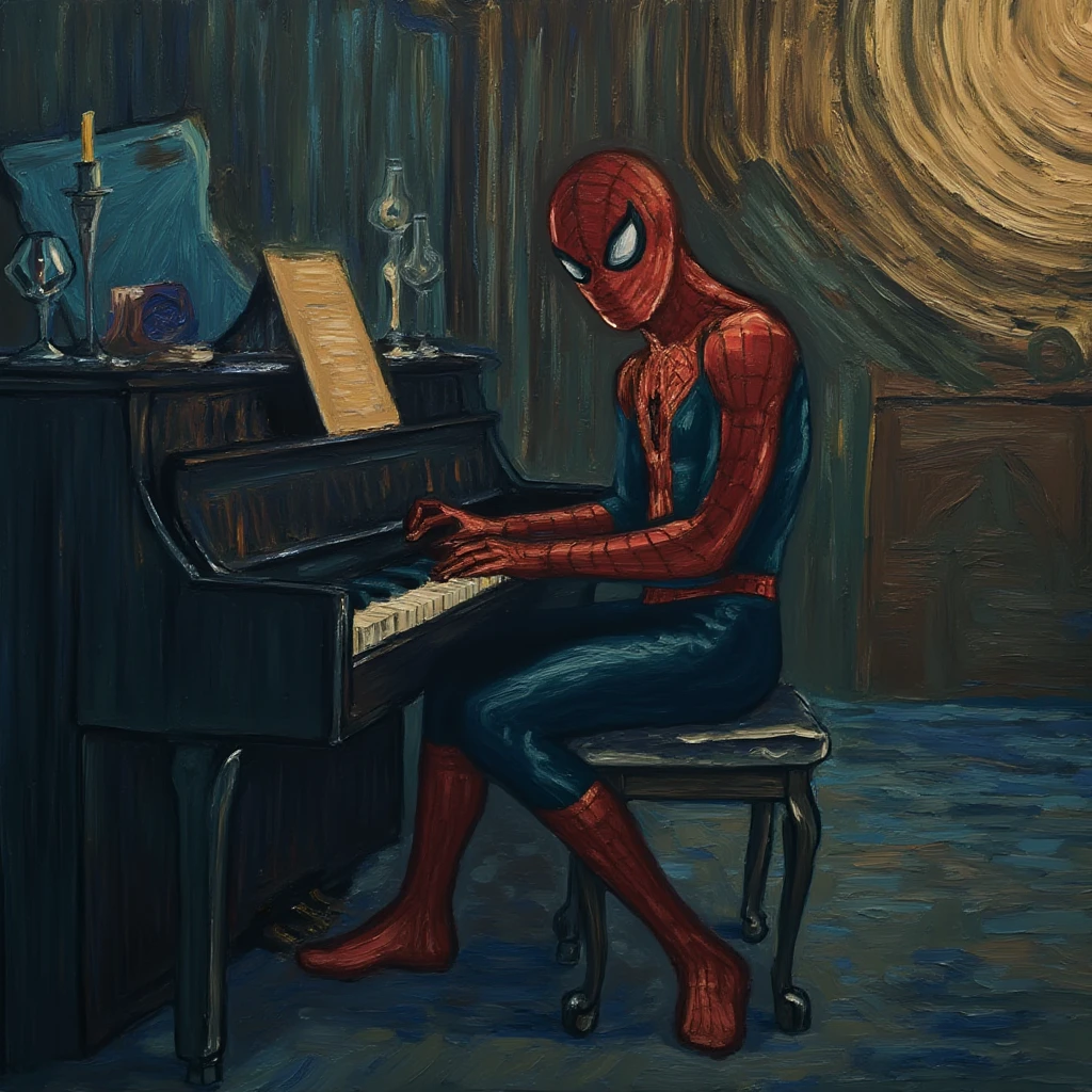 vncnt painting. spiderman playing a piano. The image feels acclaimed, with a paranormalpunk vibe