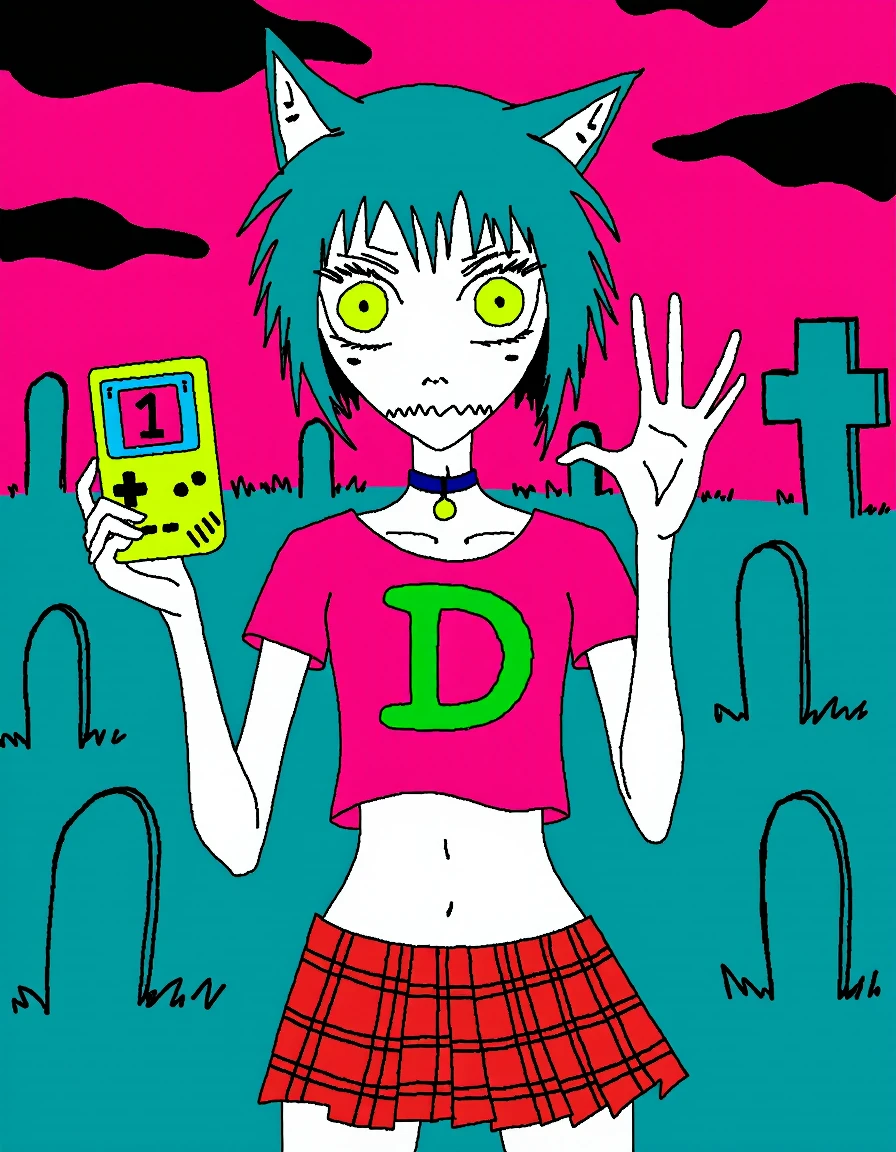 a very beautiful color sketch drawing of a thin young girl with cat ears, with messy short teal hair and lime eyes, smiling with sharp jagged teeth, wearing a magenta t-shirt with a big green 'D' printed on it, navy blue choker with small bell, a bit of her midriff is showing, wearing red teal plaid skirt, a bit of her thighs are visible in the frame, in her hand she holds a lime game boy color with '1' displayed on it, her other hand flipping off the viewer, the setting is a graveyard with indigo gravestones and a deep pink sky with black clouds, 
 <lora:KoffFluxD:1>