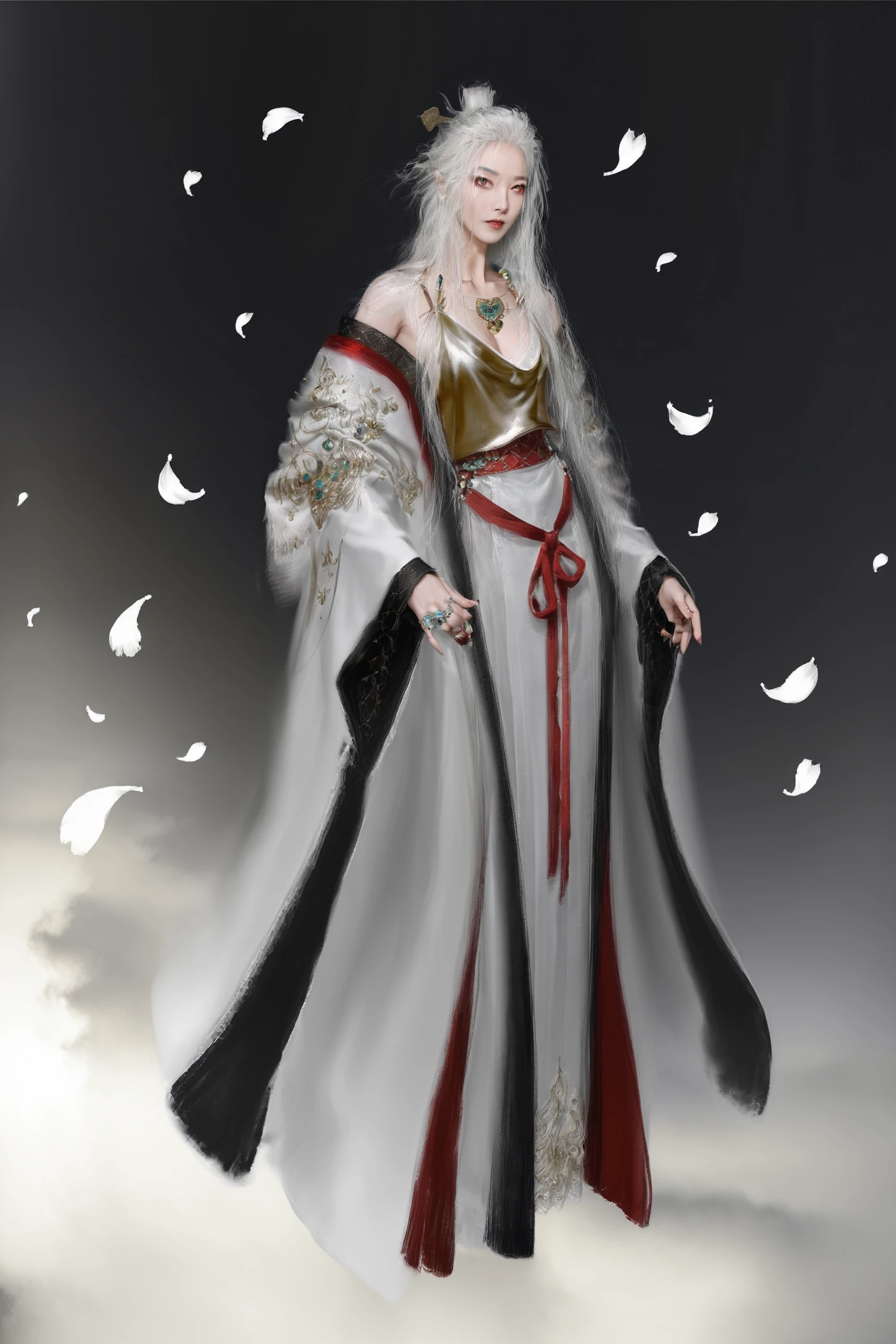 8k, best quality, masterpiece, (ultra-detailed), (high detailed skin), vivid color, realistic, 
looking at viewer, (solo:1.3), 
<lora:tieshan-atw-Tanger:0.8>, tieshan, default clothes, white hanfu, single hair bun, 1girl, jewelry, necklace, white hair, long hair, 
white background, petals flying, standing, full  body, looking at viewer, close-up, dynamic angle, cleavage,