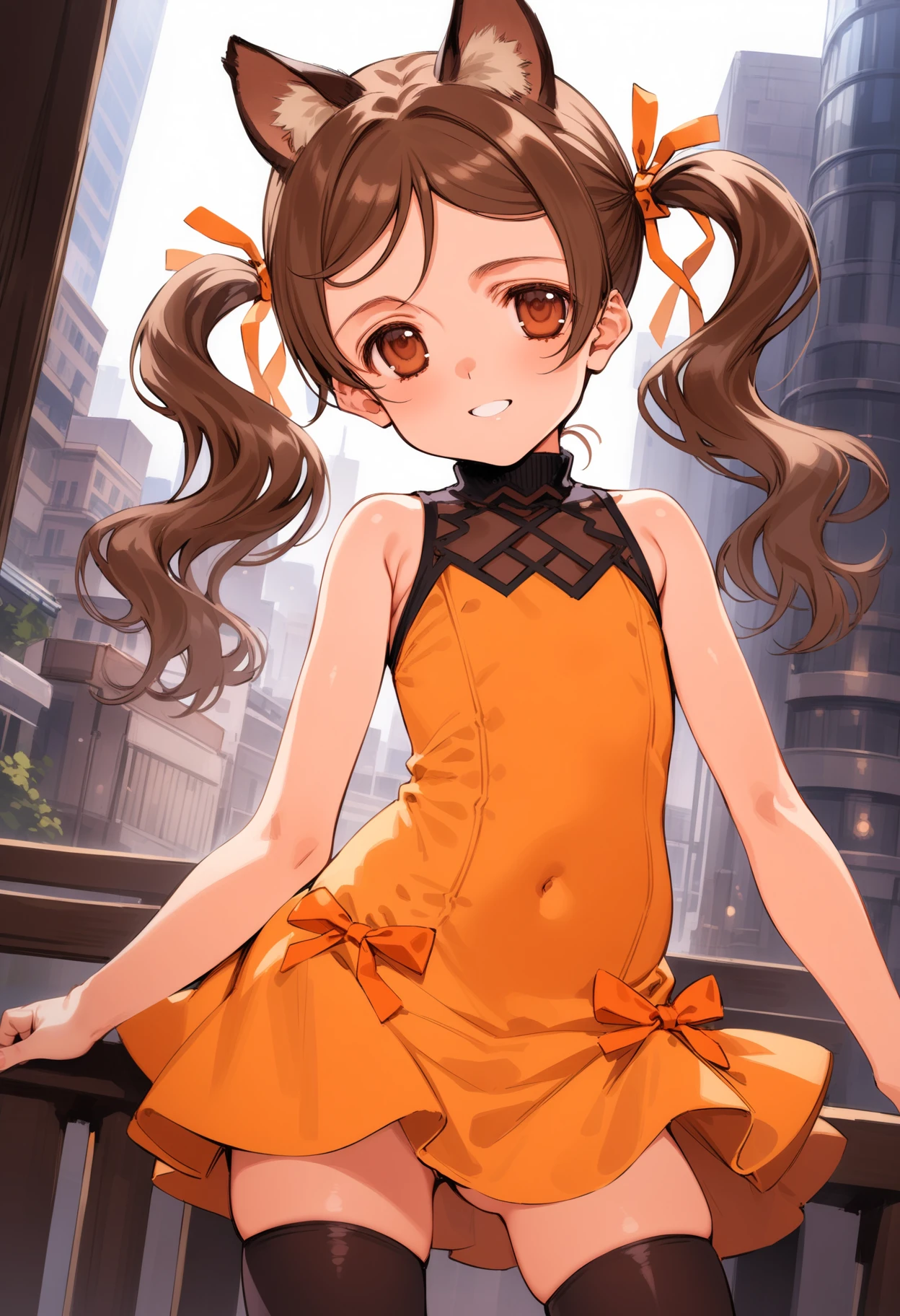 masterpiece,best quality,very aesthetic,absurdres,intricate details,1girl,
<lora:sayu_v1:1>,sayu,twintails,brown eyes,brown hair,hair ribbon,black thighhighs,looking at viewer,parted lips,bare shoulders,
city,Skyscraper,<lora:Fixhands_anime_bdsqlsz_V1:1>,looking at viewer,dress,animal ears,bare shoulders,standing,cowboy shot,cat ears,sleeveless dress,turtleneck,short dress,smile,front view,orange dress,orange ribbon,orange necktie,, masterpiece,best quality, very aesthetic, absurdres, ultra detailed, high resolution, 4k, extremely detailed CG,