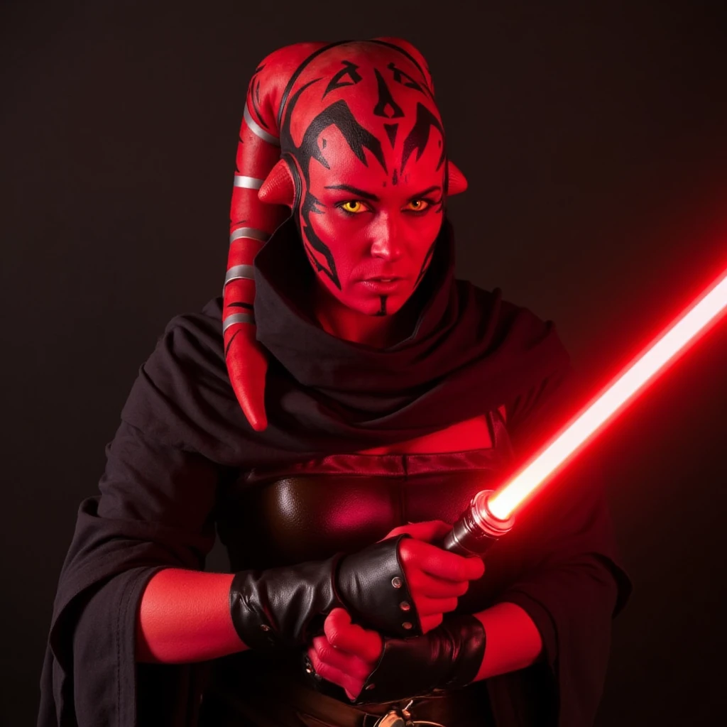 yellow eyed Twi'lek girl with red skin holding a red lightsaber, Twi'lek Sith Lord in battle stance, dark side corruption veins visible across her face, Angry, Anger, Evil, Skin Markings, Darth Talon