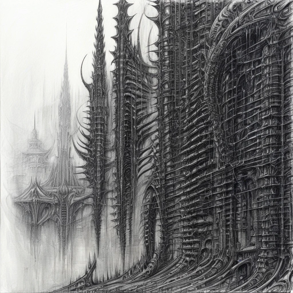 style of H. R. Giger,
masterpiece, best quality, cybersigilism, sigilism, tribals, black ink, biometallic, bio, metallic, dark, abstractions, patterns, liminality,
cyberpunk, dark city, architecture, dark architecture, fog,
spikes, peaks, sketch, traditional media