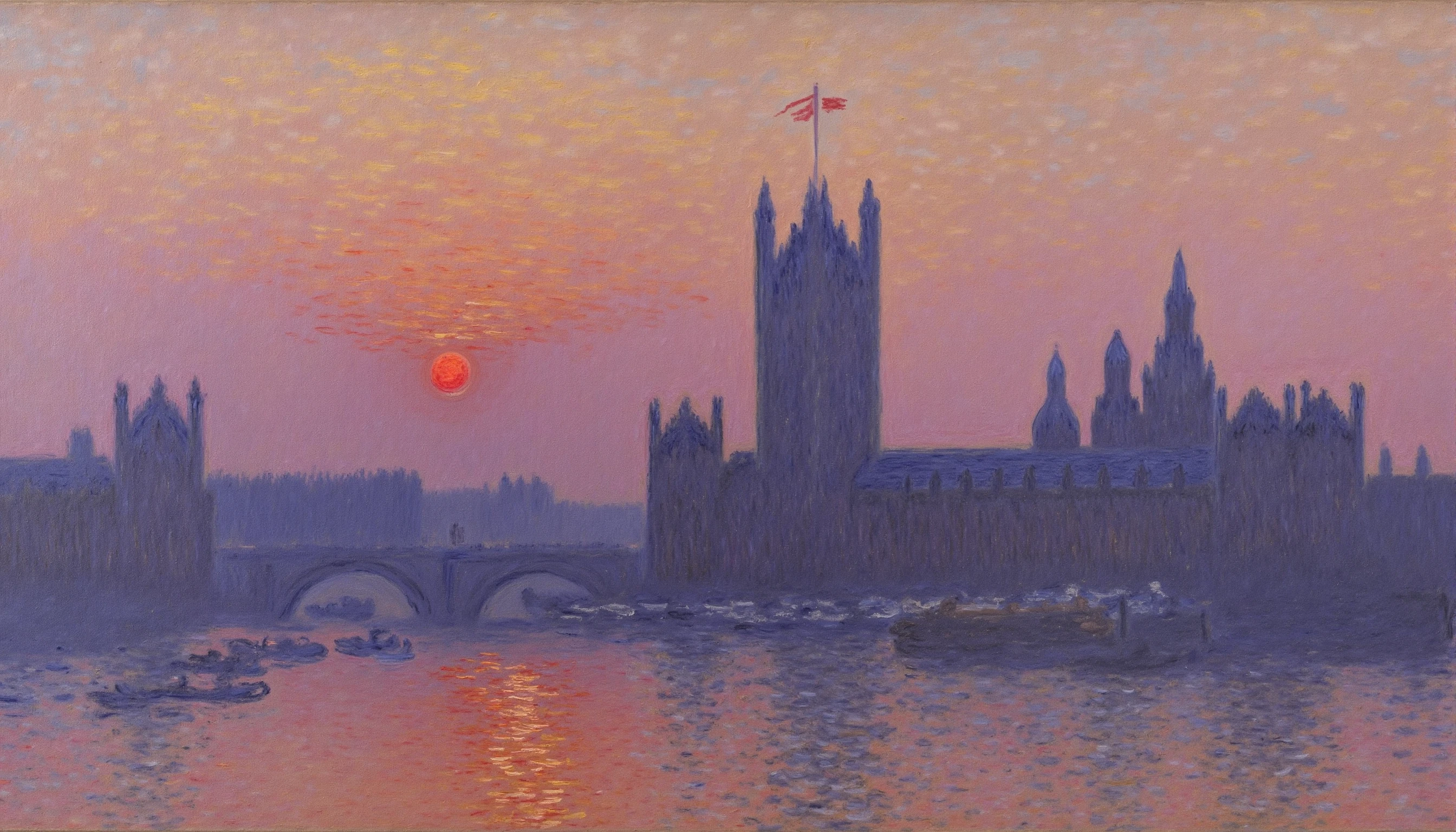 painting of the British Parliament building at sunset, by Claude Monet, tags: sunset, River Thames, Houses of Parliament, reflections on water, atmospheric, purple hue, orange sun, silhouetted structures, historical architecture, London, soft light, tranquil, skyline, no people