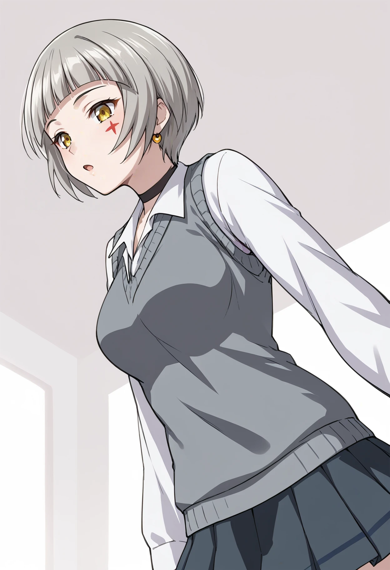 open  mouth, , solo, portrait, side view , low angle , choker, black choker, earrings, school uniform, pleated skirt, grey skirt, white shirt, sweater vest, grey vest , inside, bedroom
<lora:Koshaji:0.7>, koshaji_it, blunt bangs, short hair, silver hair, yellow eyes, medium breasts, facial mark,
score_9, score_8_up, score_7_up, masterpiece, best quality, source_anime, uncensored,