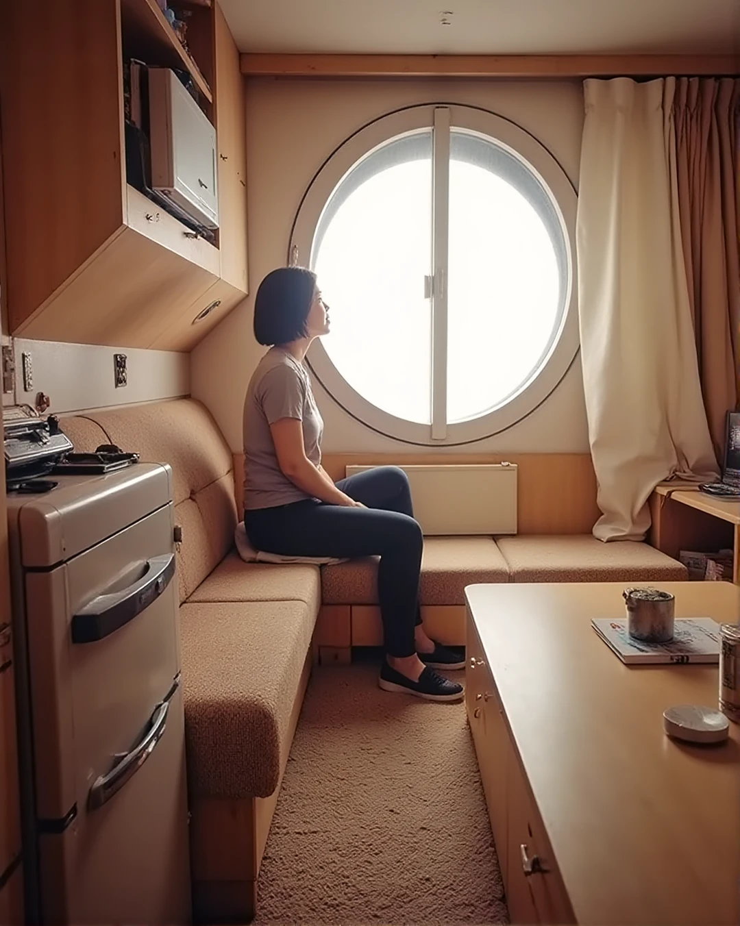 A photo of a lady sitting inside one of the rooms of the Nakagin Capsule Tower <lora:ts_f1d_nakagincapsuletower_v2_1400:1>