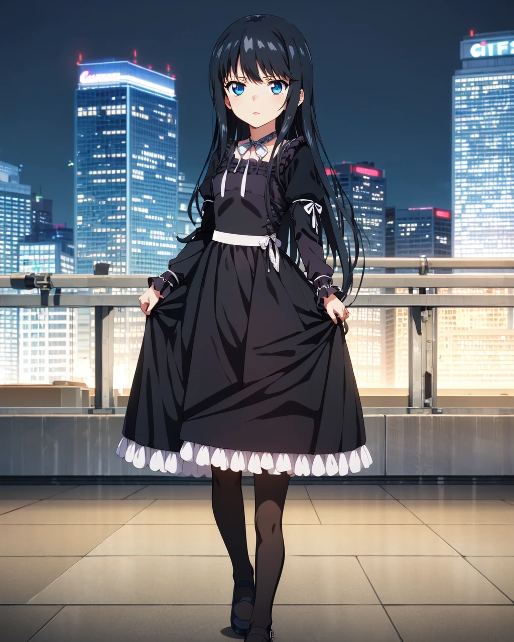 city,night,
1girl,solo,long hair,blue eyes,black hair,very long hair,
long sleeves,dress,ribbon,pantyhose,frills,puffy sleeves,black dress,black pantyhose,neck ribbon,frilled dress,juliet sleeves,white ribbon,skirt hold,
standing,<lora:Natsuki_Minamiya(Strike The Blood):1>,