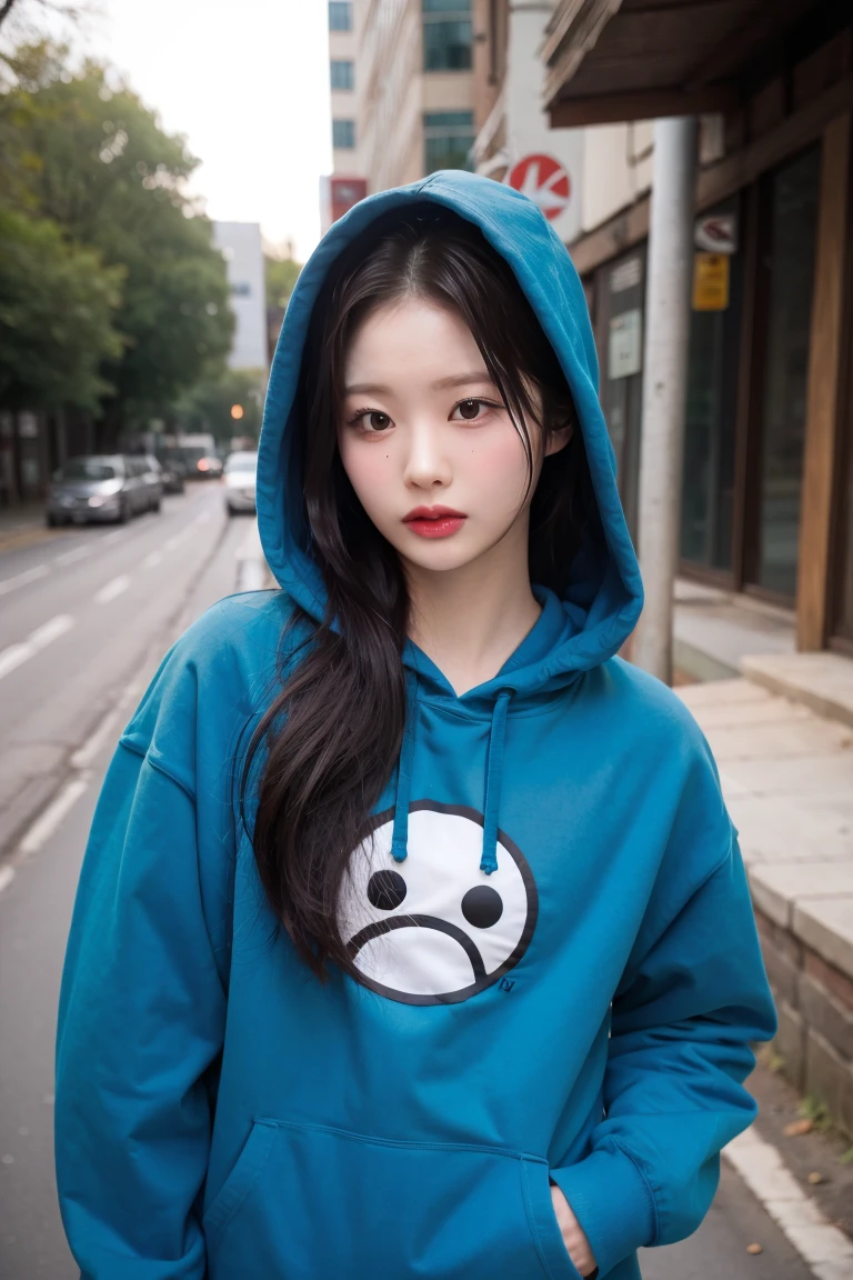 upper body photo of nmixxsullyoon in blue hoodie, makeup, streets, day, hard shadows, (photorealistic:2.0), <lora:nmixxsullyoon-v03:1>