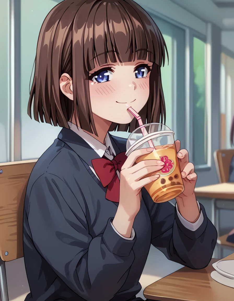 Touko, short hair, blue eyes, brown hair, blunt bangs, school uniform, score_9, score_8_up, score_7_up, score_6_up, score_5_up, score_4_up, source_anime   <lora:HaremCamp:1>, smile, sitting, drinking tea,