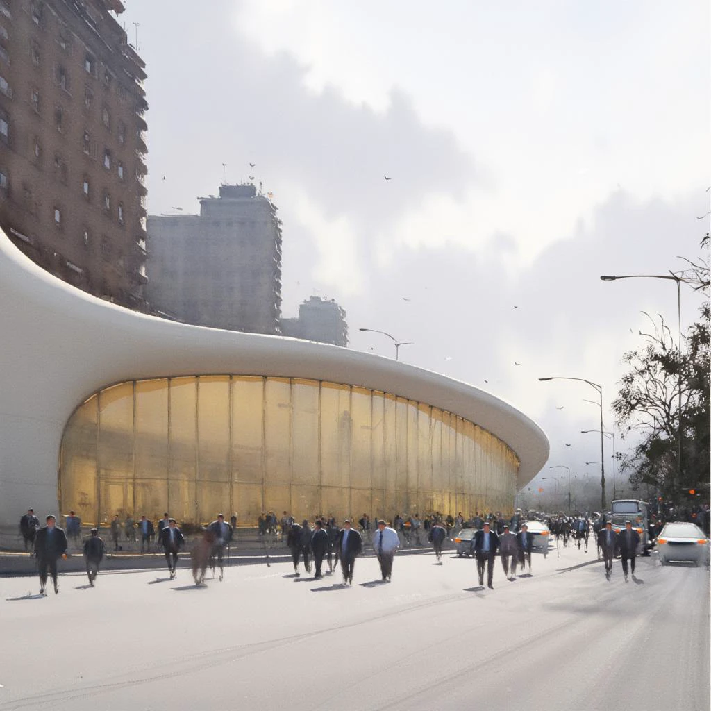 a museum building with curved organic forms on the left side of the image; the facade is made of transparent concrete, softly illuminated from within; people walk across a spacious, light-colored plaza; their figures appear dark against the warm interior light; a residential building with a brick facade on the background, contrasts with the modern, flowing lines of the theater; cloudy sky In the upper right corner; in the middle ground, vehicles can be seen driving on a road parallel to the plaza; additional buildings in the background blending into the urban environment, with hints of trees and greenery visible on the right side; the overall color palette is muted, dominated by grays and soft whites, with the warm light from the building providing a subtle contrast; late autumn and cool weather