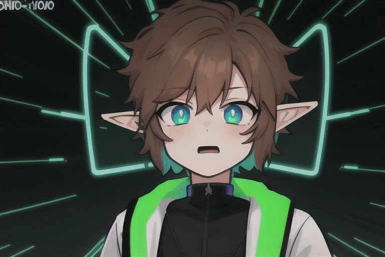 solo, 1boy, {{brown hair}}, {elf ears}, {{green eyes}}, green eyes, only green eyes,{white t-shirt, blue jacket, black pants},{purple soft light},{high saturation}, {{neon city background}}, cyberpunk background, cyberpunk city