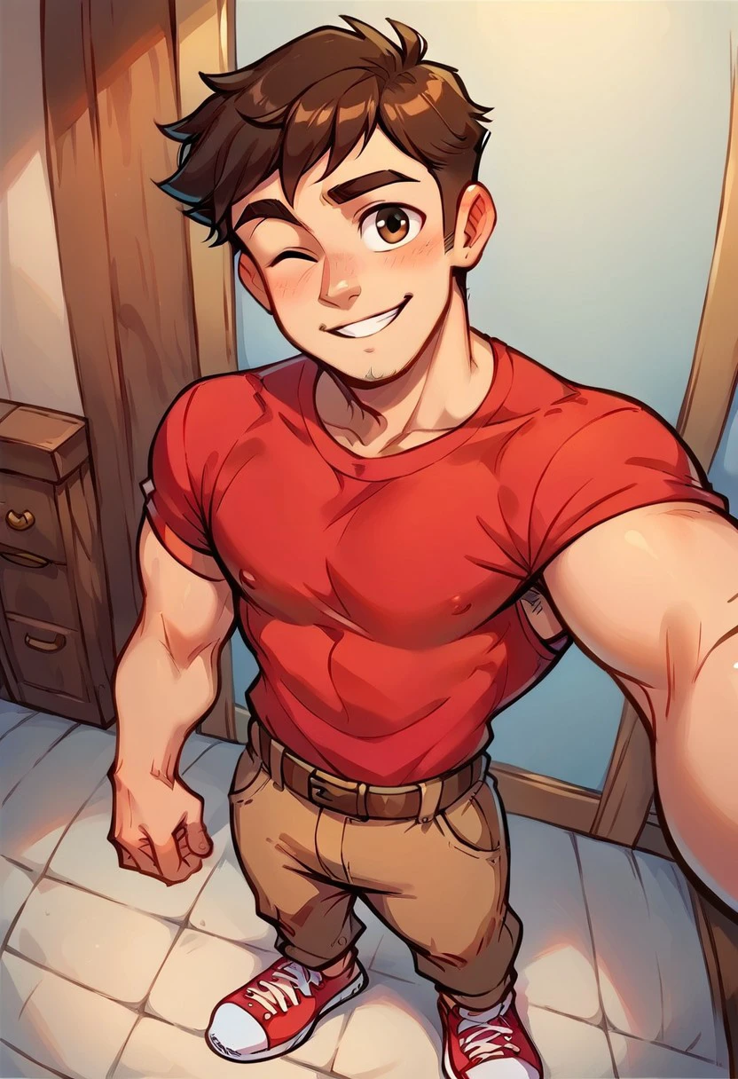 8k, score_9, score_8_up, score_7_up, masterpiece, 1boy, muscular twink, broad shoulders, lean, young, handsome, cute face, Kyl, brown hair, brown eyes, male focus, selfie, view from above, handsome face focus, selfie pose,
red shirt, brown pants, red sneakers,
bedroom, indoors, wink, smile,