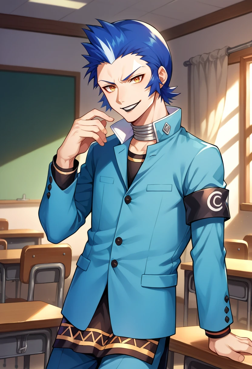 score_9, score_8_up, score_7_up, source_anime, BREAK, solo, 1boy, smirk, looking at viewer, <lora:Eikichi-pdxl_Fp:1>, eikichi, short hair, blue hair, white hair, multicolored hair, pale skin, black lips, choker, school uniform, blue jacket, black shirt, blue pants, armband,