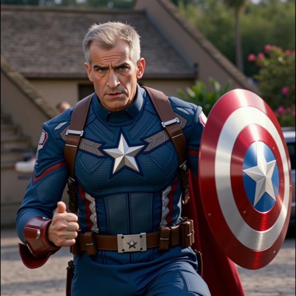 From the 2010 Marvel Avengers film, 75 years old Man louDF as Captain america, dynamic iconic pose