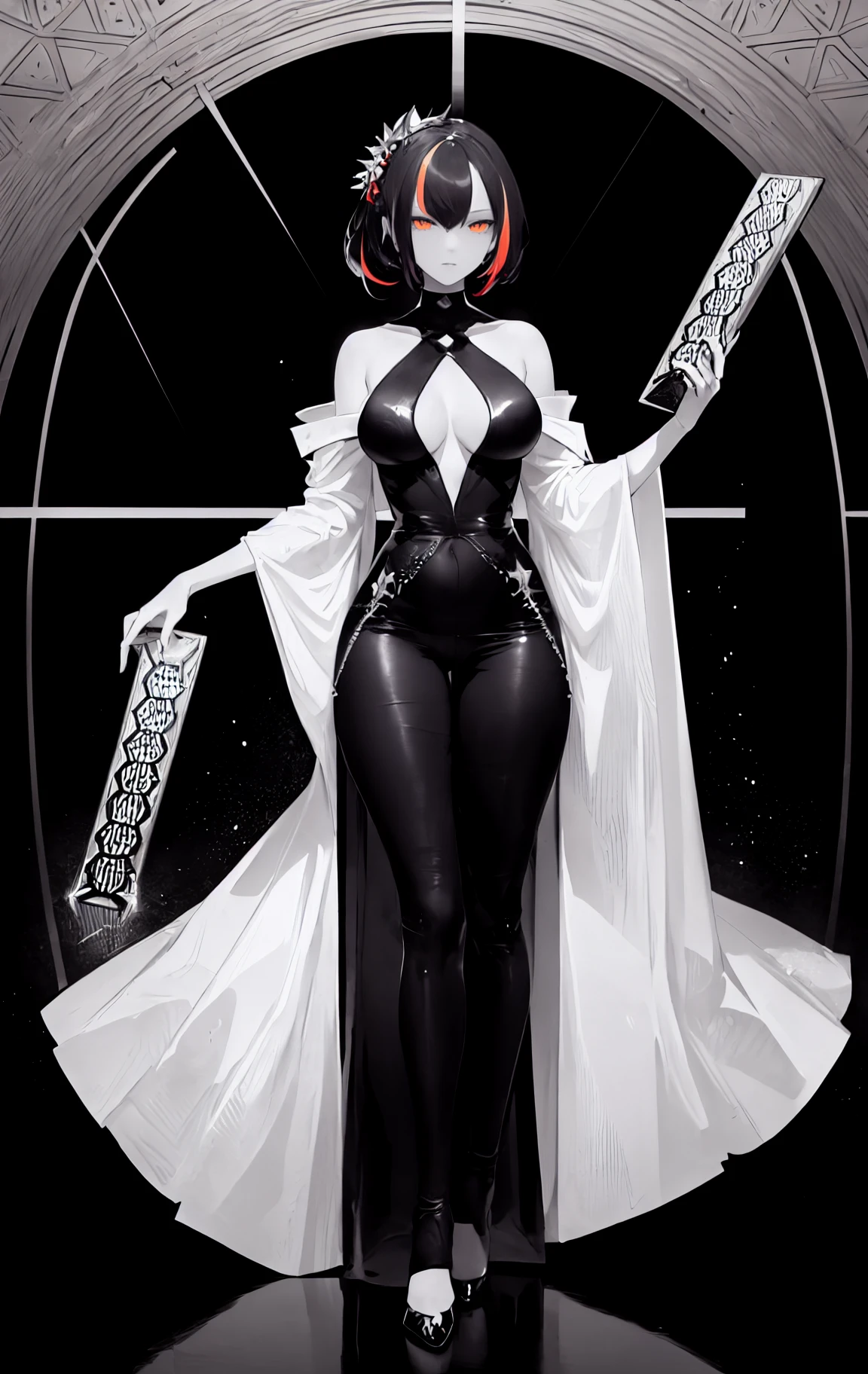 simple_black_background, black and white theme, Sense of coordination, sense of order, mathematics beauty, (((cover design))), (((((cover art))))), ((trim)), album_art, official art, (Master's work),
<lora:zhuyuan-sd-Tanger:0.8>, zhuyuan, 1girl, multicolored hair, black hair, streaked hair, large breasts, pubic hair, detailed eyes,
<lora:Anime Lineart ,Manga-like (线稿,ç·ç»,ãã³ã¬é¢¨,漫ç»é£) Style:0.4>, <lora:Sketchy - Style:0.2>,
chessboard, chess, white geometry, black geometry, reflection, crystal_art, pattern_design, creative, Mystery pattern, black crystal decorate, black crystal, (architectural art), ((geometric art)), pattern design, creative,
------,
Low saturation, grand masterpiece, Perfect composition, film light, light art,