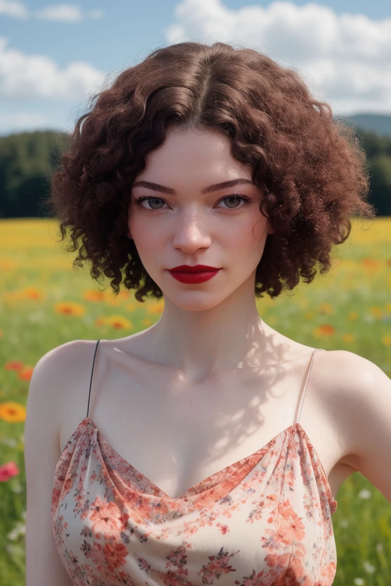 bventi,  ((detailed eyes, detailed face):1.2),((red lipstick, blush, pale skin)), curly hair, dark brown hair, ,photo of a woman, RAW, ((beautiful floral print sundress)),((short hair, pixie cut)), ((outdoors, gorgeous meadow, walking)), 8k uhd, dslr, soft lighting, high quality, film grain, Fujifilm XT3 sharp focus, f 5.6,slight smile