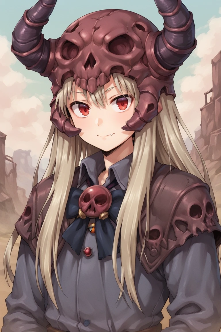 (score_9, score_8_up, score_7_up, score_6_up), source anime, BREAK, <lora:Necromancer:0.75> , necdef, 1boy, red eyes, long hair,  grey hair, horned helmet, (skull brooch), collared dress, dress, looking at viewer, solo, smile, (portrait), <lora:zy_Detailed_Backgrounds_v1:0.3> , detailed background, highly detailed, outdoors, wasteland, <lora:90s4n1m3XLP:0.6> , 90s4n1m3,