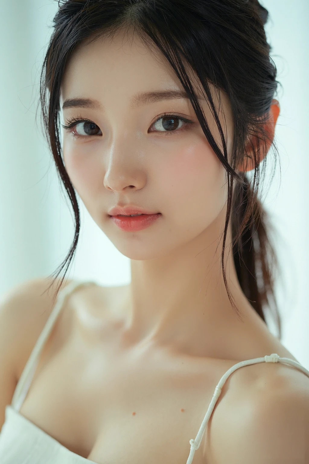 RAW photo, a beautiful korean girl with wearing a mini dress, dslr, soft lighting, high quality, film grain, Fujifilm XT3 small chin, (no freckles:0.5), (no cleft chin:1.5), perfect eyes, glowing irises, ((even eyes)), ((even pupils)), round iris, detailed pupils, light reflections, visible cornea, blood vessels, pale skin, skin pores,blood vessels in sclera, detailed skin, beauty spots, skin fuzz, shine from within, hands off face, moles, <lora:flux_realism_lora:1>, <lora:sohee_flux_lora_v1.5:1>