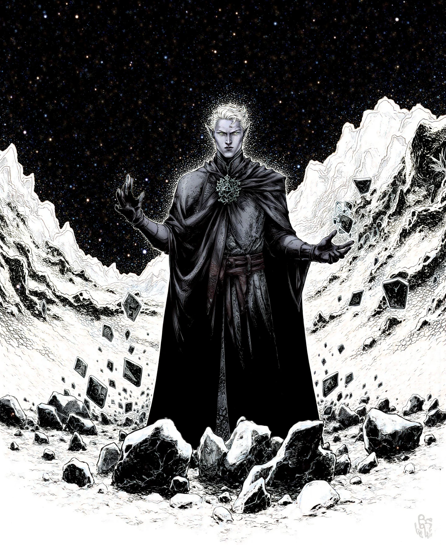 A monochrome manga anime illustration made with a ink brush, of Essesk, a male drow, white hair, he wears a black robe with a long mantle, he's casting a magic, there are magic clocks around him and an hourglass appereaing in front of him, black background in a snowy landscape. Very Detailed. Masterpiece.

