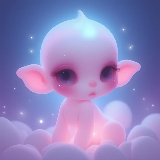 full body, soft focus, pastel colors, big eyes, small mouth, chibi style, glowing skin, delicate hues, round shapes, dreamcore aesthetic, cute art, surrealism, ethereal atmosphere, fantasy character, minimalistic design, ambient light, gentle colors, mystical elements