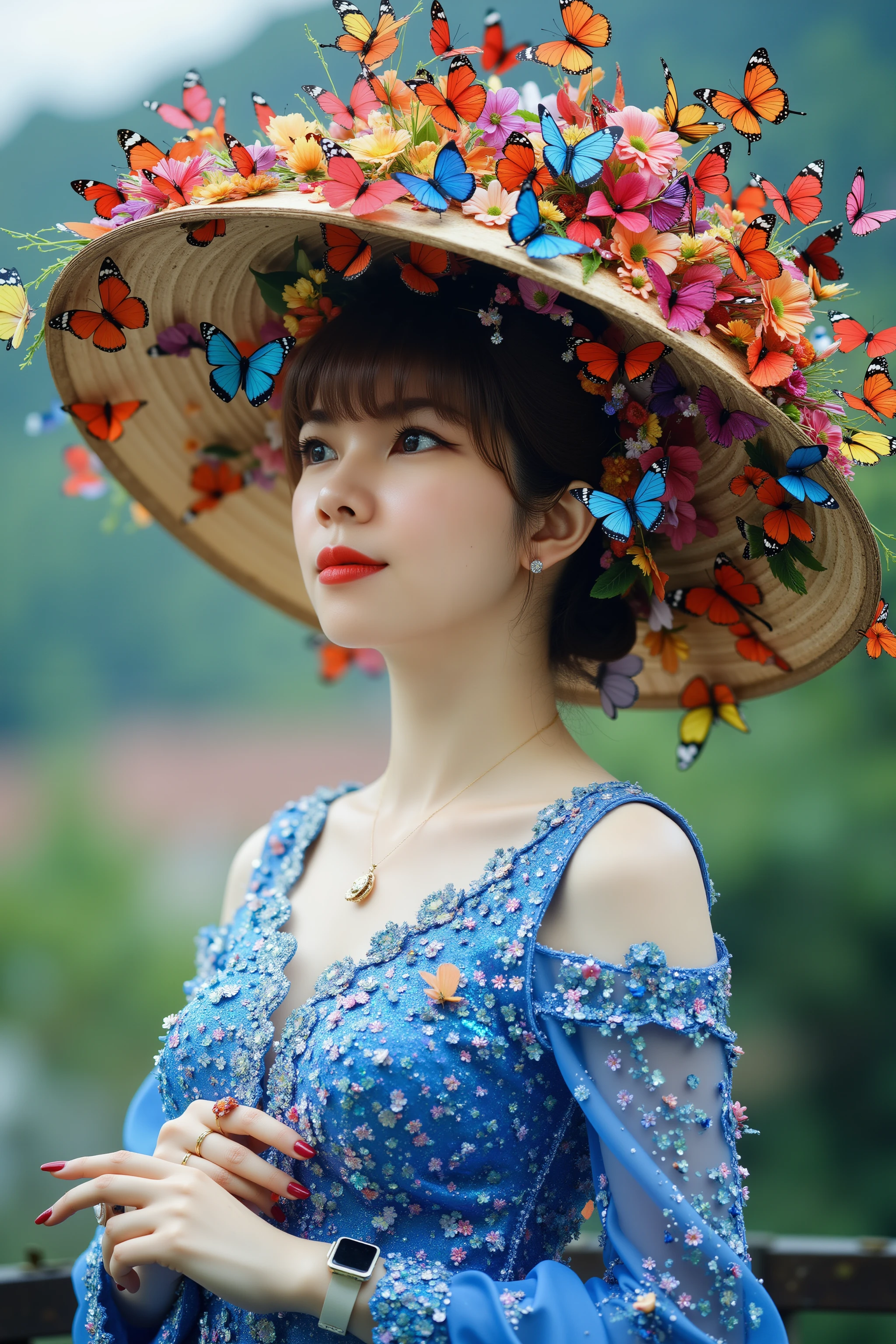 HanoiGirl, Girl Butterfly, A beautiful woman gazes thoughtfully into the distance, dressed in a shimmering blue gown adorned with tiny, sparkling details. Her traditional Vietnamese conical hat is lavishly decorated with a vibrant explosion of red, orange, and blue butterflies, as well as an array of colorful flowers. The butterflies appear to be both part of the hat and swirling around her, adding a dynamic, almost magical quality to the scene. Her expression is calm and introspective, with soft lighting highlighting the delicate contours of her face and the intricate details of her outfit. The overall mood is elegant, serene, and filled with natural beauty.



