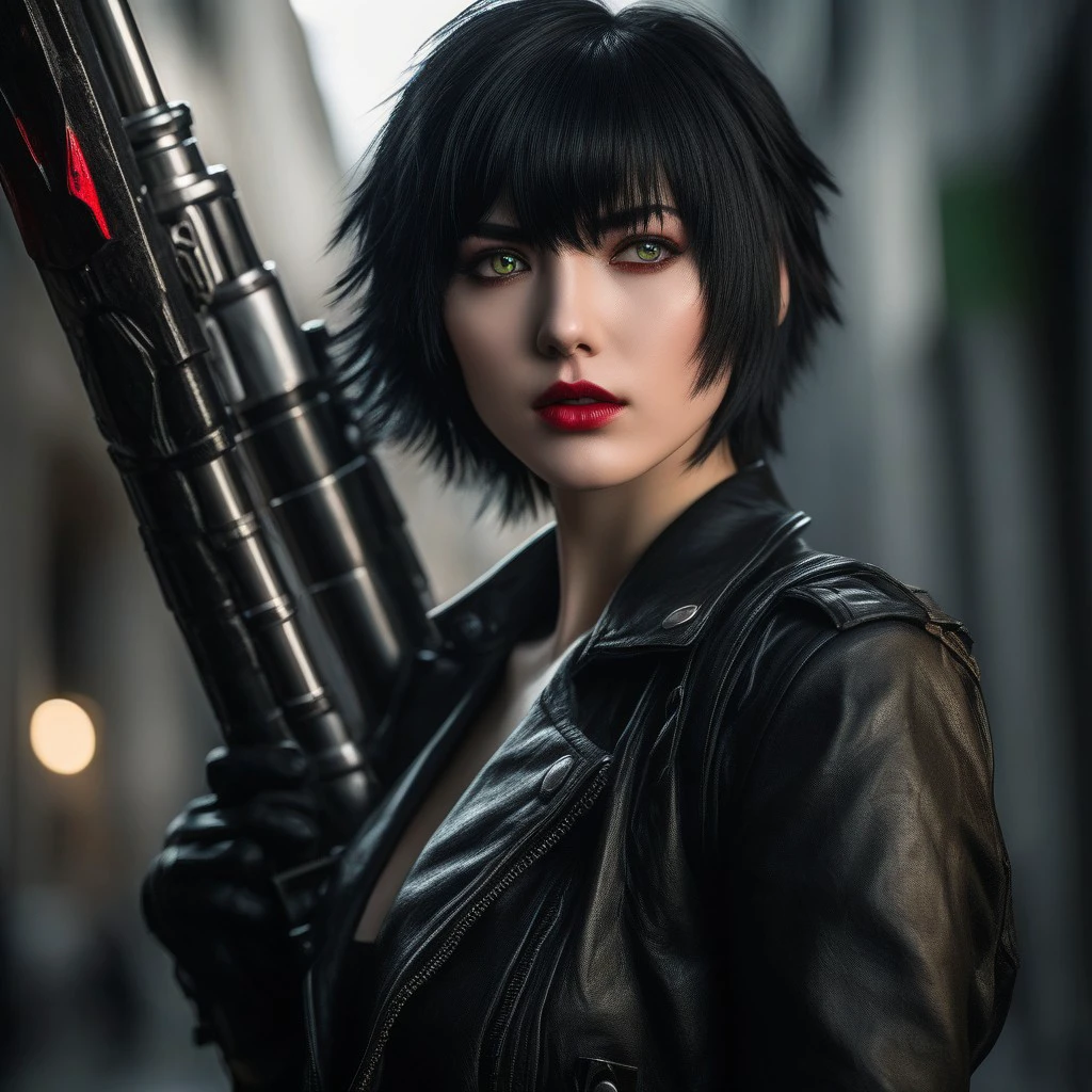 ultra hyper detailed Lady from Devil May Cry 5 video game with short black hair in a mini skirt and boots holding a giant weapon, ultra hyper detailed face features showing one green eye and one red eye, Heterochromia condition, full-cosplay, professional cosplay, Lady character from video game,anime cosplay, holding a giant weapon, Lady huge weapon from video game,fullbody wide shot, cinematic volumetric lighting, ultra hyper realistic image shot with Sony Fx6