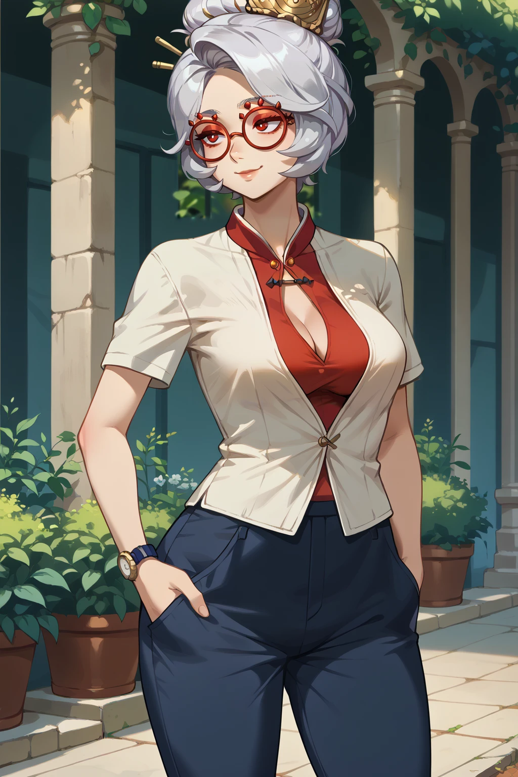 score_9, score_8_up, score_7_up BREAK  1girl,solo,smile,large breasts,garden
wearing edgCasual_fashion, solo, shirt, standing, upper body, short sleeves, grey hair,outdoors, shoes, collared shirt, pants,  black pants, white footwear, hand in pocket, wristwatch, plunging neckline,breasts apart,
 <lora:edgMensFashionPony:1>
 <lora:purah-pdxl-nvwls-v1:1> purah, red glasses, hair ornament, breasts