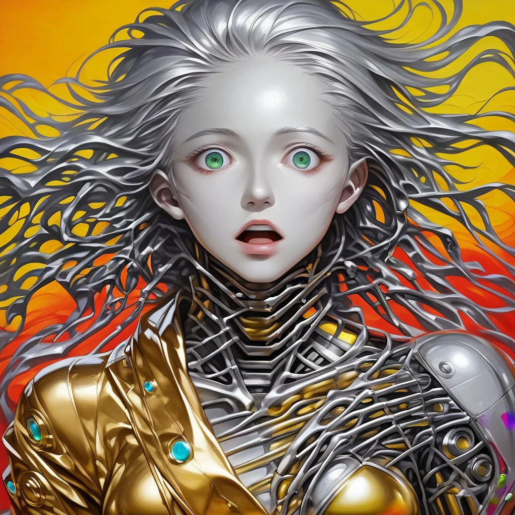 1 girl, adult, anime, face, open mouth, teeth, beautiful, leaning, abstract portrait, orange sky, then chrome cloth background, multicolor colorful, painting by Hajime Sorayama, high detail, hands near face, chrome nose, cyborg, pale skin, silver skin, eyes open, green eye, silver eye, photo by jacklesorayama, gold ribs, partial skeleton, sideways, surreal, abstract, melting, partial gynoid, gold skin, latex jacket, breasts apart, side bra, digital art by jacklesorayama,