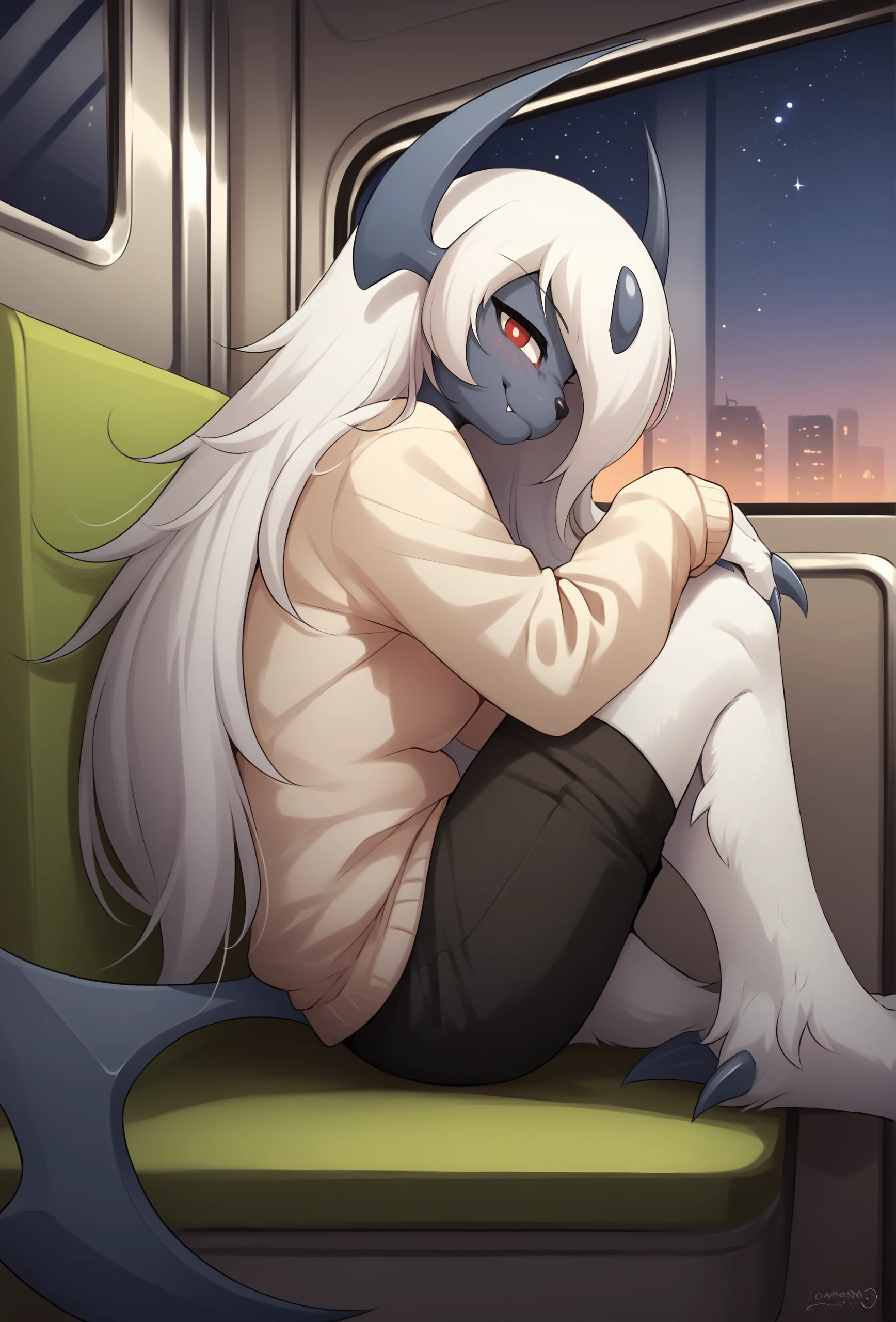 score_9, score_8_up, score_7_up, score_6_up, score_5_up, score_4_up, <lora:cabronpr_style_ponyXL_v1.3:1> cabronpr, train interior, sitting, window, night, dark, starry sky
1girl, furry, absol, white hair, long hair, red eyes, smile, white sweater, black shorts, solo, from side, sleepy, knees up, animal feet, claws