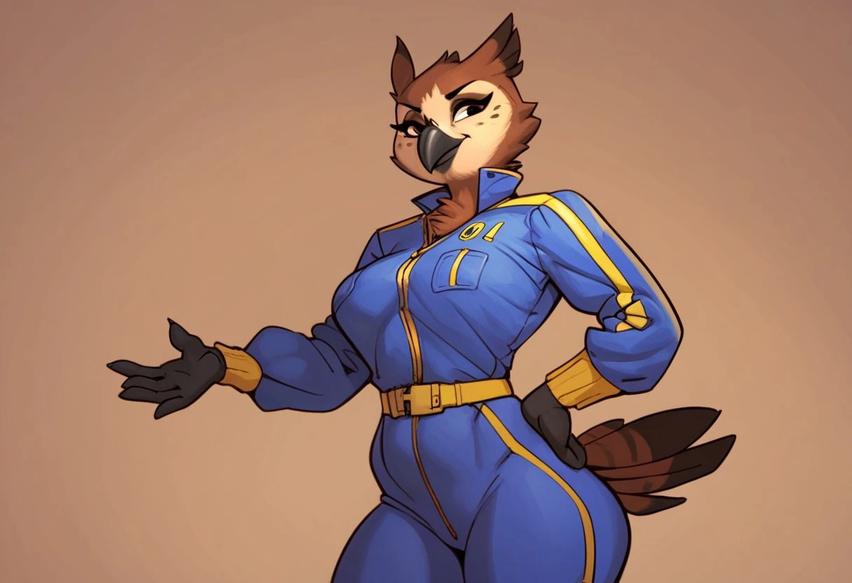 score_9, score_8_up, score_7_up, score_6_up, score_5_up, score_4_up, chelodoy, Chelodoy_PS, source, solo, tall female owl, avian, 1 girl, , rating_explicit, brown feathers, black beak/arms/legs, furry, anthro, small waist, fit, standing, wearing blue vault jumpsuit, the number on jumpsuit says '1', pants, charturnerv2,