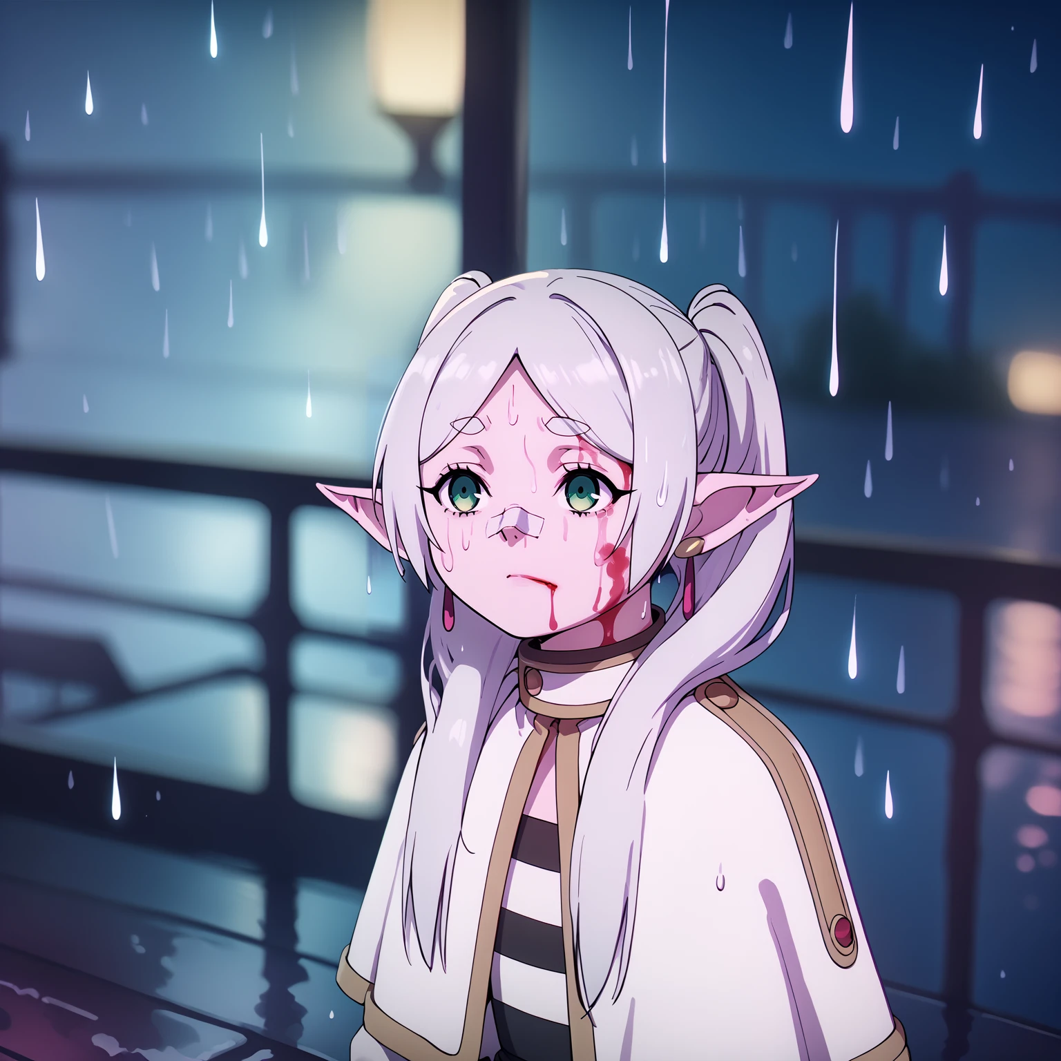 score_9, score_8_up, score_7_up, BREAK
1girl, frieren, green eyes, grey hair, twintails, pointy ears, eyebrows,
white capelet,long sleeves, earrings, striped shirt,
portrait, blood on face, bandaid on nose,blurry background, pink lighting, night, dark, pink theme, rain  <lora:YouLookLonelyXL_byKonan:1> <lora:FrierenXLv2:1>