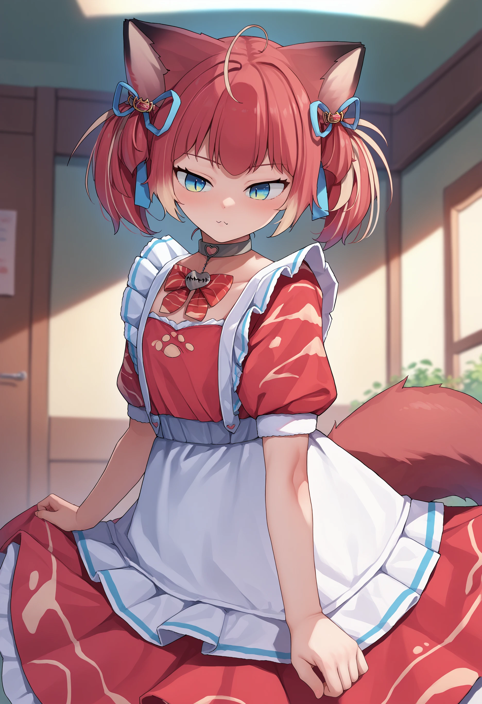 score_9, score_7_up, source_anime, uncensored, 1girl,
 <lora:spakamiKarubiXLPony:1> karubidef, blue eyes, ahoge, cat ears, animal ear fluff, tail, hair ribbon, dress, red dress, red bow, white apron, puffy short sleeves