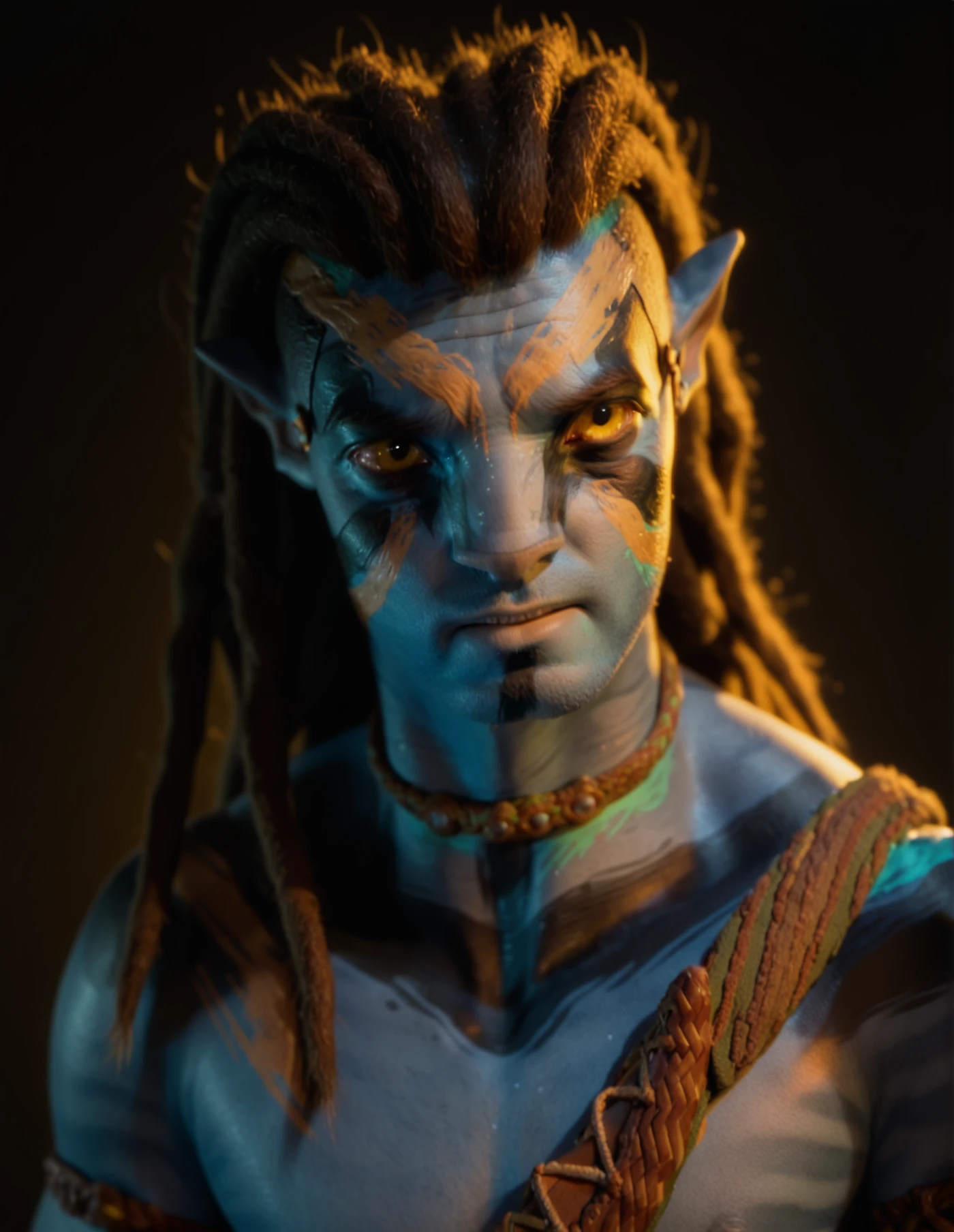 <lora:Jake_Sully:1> j4ke, portrait, blue skin, nature, dark, night, fire ights, portrait, yellow eyes, shirtless, solo, war paint 2, AVTR2, score_9, score_8_up, score_7_up, score_6_up