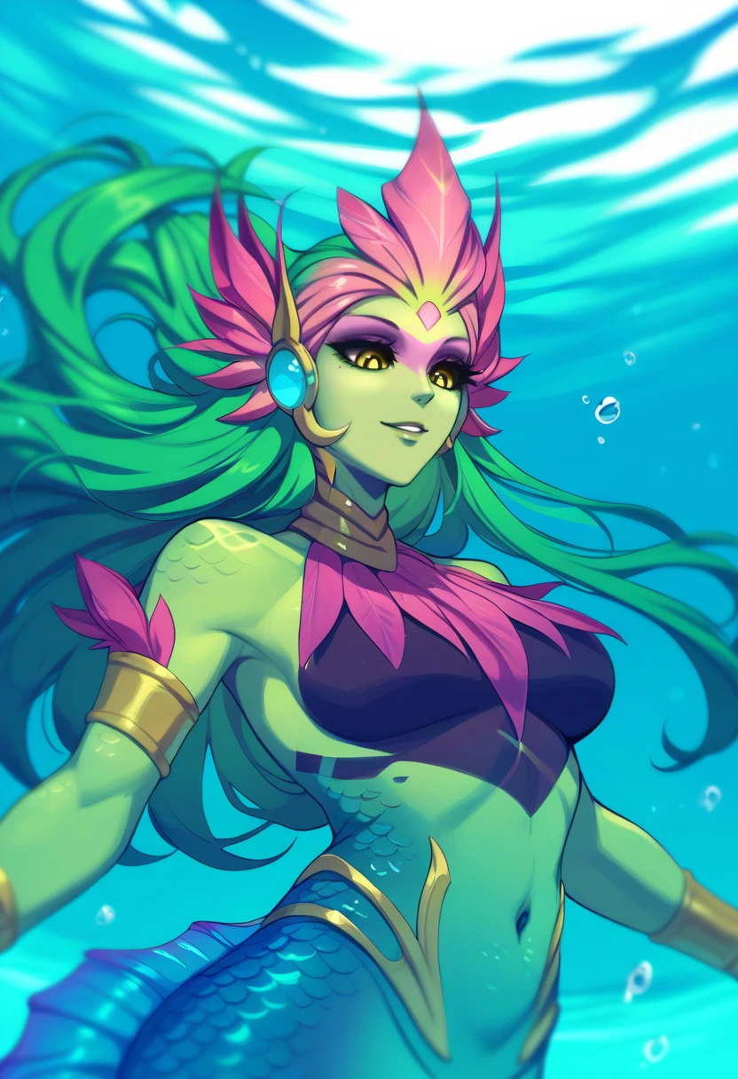 score_9, score_8_up, score_7_up, score_6_up, riv3rspiritn4mi, 1girl, monster girl, mermaid, green skin, colored skin, navel, yellow eyes, long hair, green hair, jewelry, scales, armlet , <lora:River_Spirit_Nami_v2:0.8>, underwater, sunny, rock, looking down, from below, upper body