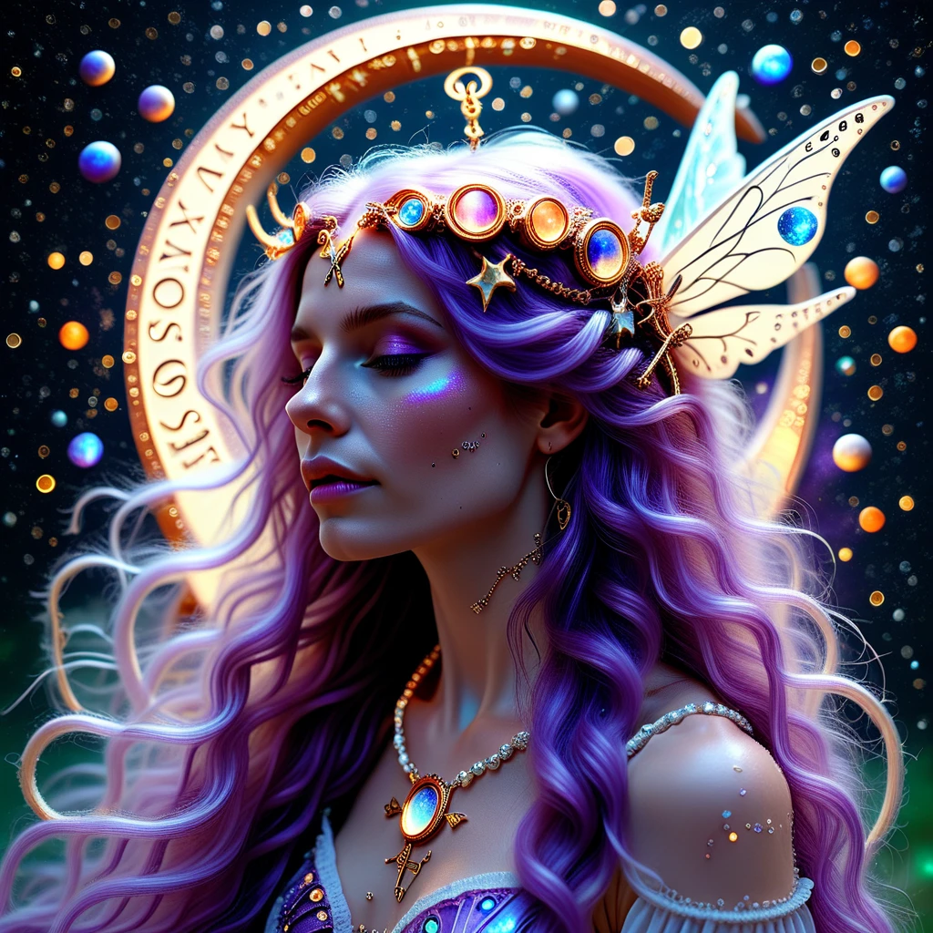 reflection, head chain, wings, astro beauty, gem, absurdly long hair, astronomical, dress, ring, no humans, symbols, orb, wavy hair, glowing eyes, profile, roman numeral, light particles, space, crescent, freckles, butterfly, head fins, purple hair