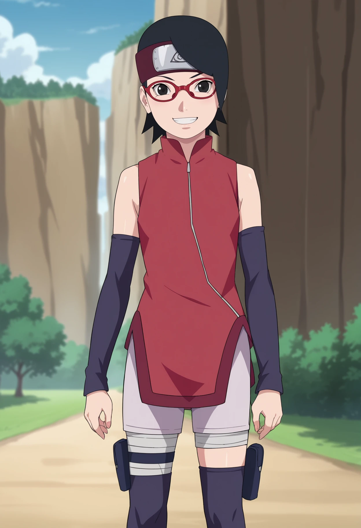 score_9, score_8_up, score_7_up, source_anime,anime screencap,anime coloring,intricate details,
uncensored,
sarada,1girl, black hair, glasses, red-framed eyewear, short hair, shorts,forehead protector,black eyes, konohagakure symbol, headband,detached sleeves,thighhighs, red sleeveless shirt, zipper, zipper pull tab, thigh pouch,
small breasts, smile,teeth, looking at viewer, 
standing, upper body, focus on face,
boruto: naruto next generations, 
perfect anatomy,
scenery,outdoors, contrast,
 <lora:Sarada 39 mid:1>