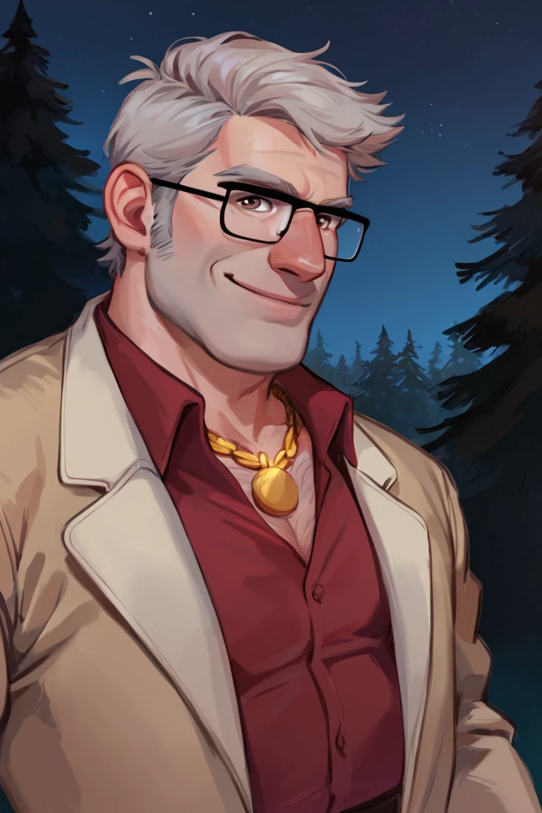 score_9, score_8_up, score_7_up, stanley pines, 1boy, solo, male focus, mature male, muscular male, plump, old man, short hair, grey hair, brown eyes, thick eyebrows, glasses, black-framed eyewear, facial hair, stubble, sideburns, looking at viewer, smile, necklace, gold chain, collared shirt, red shirt, beige jacket, standing, upper body, portrait, outdoors, forest, pine tree, night, night sky <lora:Stanley (Stan) Pines - Gravity Falls v1.0 MIX [LoRA] - Pony V6 XL:0.8>