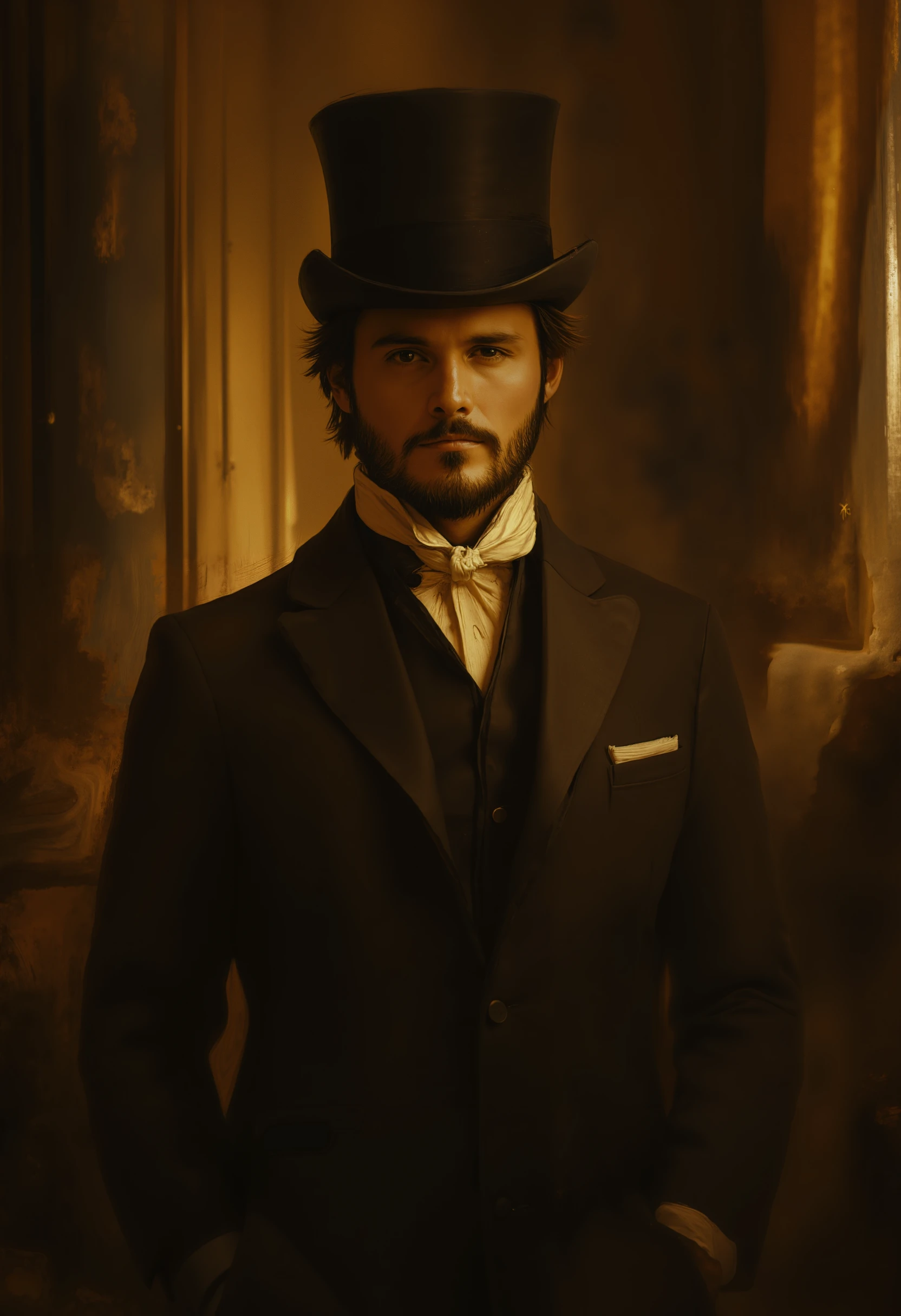 English gentleman in Victorian style, wearing top hat and tailcoat. The background is a classic London mansion with warm lighting. He has dark hair and beard, looking directly at the camera. Capture his confident demeanor as he stands tall against the backdrop of opulent architecture