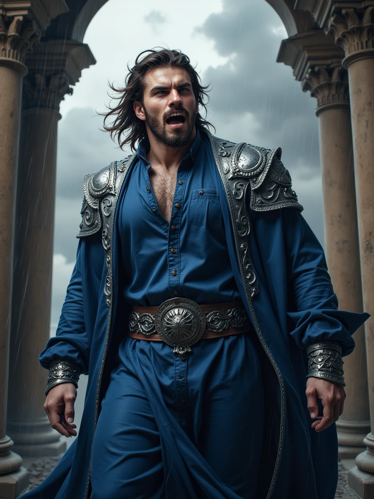  Majestic persian palace garden, prince of persia style, Berke, warrior, stormy wind, raining, screaming, angry, maoning, blue robe with silver ornaments, facial hair, full body, from below, 