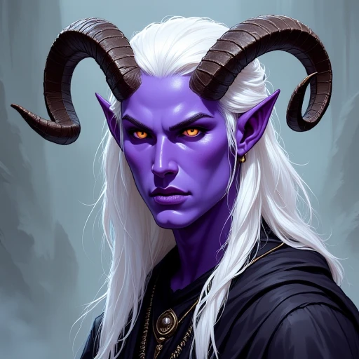 purple skin tiefling  cleric with ram horns,  white hair