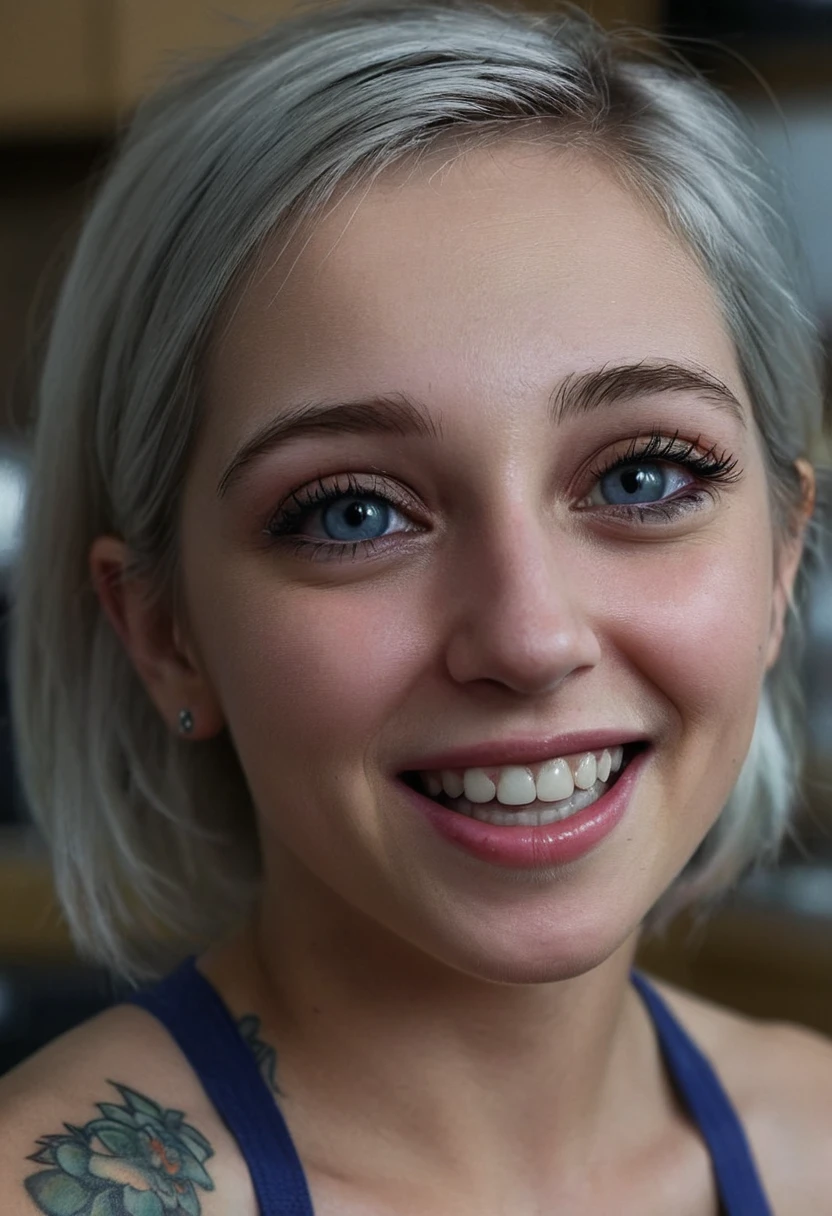 closeup head and shoulders portrait,shauna rae,short woman,giggling,<lora:Shauna Rae  SDXL:0.7>,petite,UHD,tattoo,8k,silver hair,blue eyes,kitchen,ultrahigh quality,detailed irises and pupils,high quality photography,high detailed defined skin pores,shot on Canon EOS 5D,