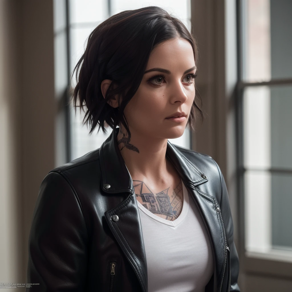 Best_QualityPos, RAW photo, intricate details, best quality, 8k hdr, soft lighting, 1girl, solo, blindjane, black hair, short hair, brown eyes, black leather jacket, long sleeves, white shirt, tattoo, expressionless <lora:Jane_Doe:0.7>