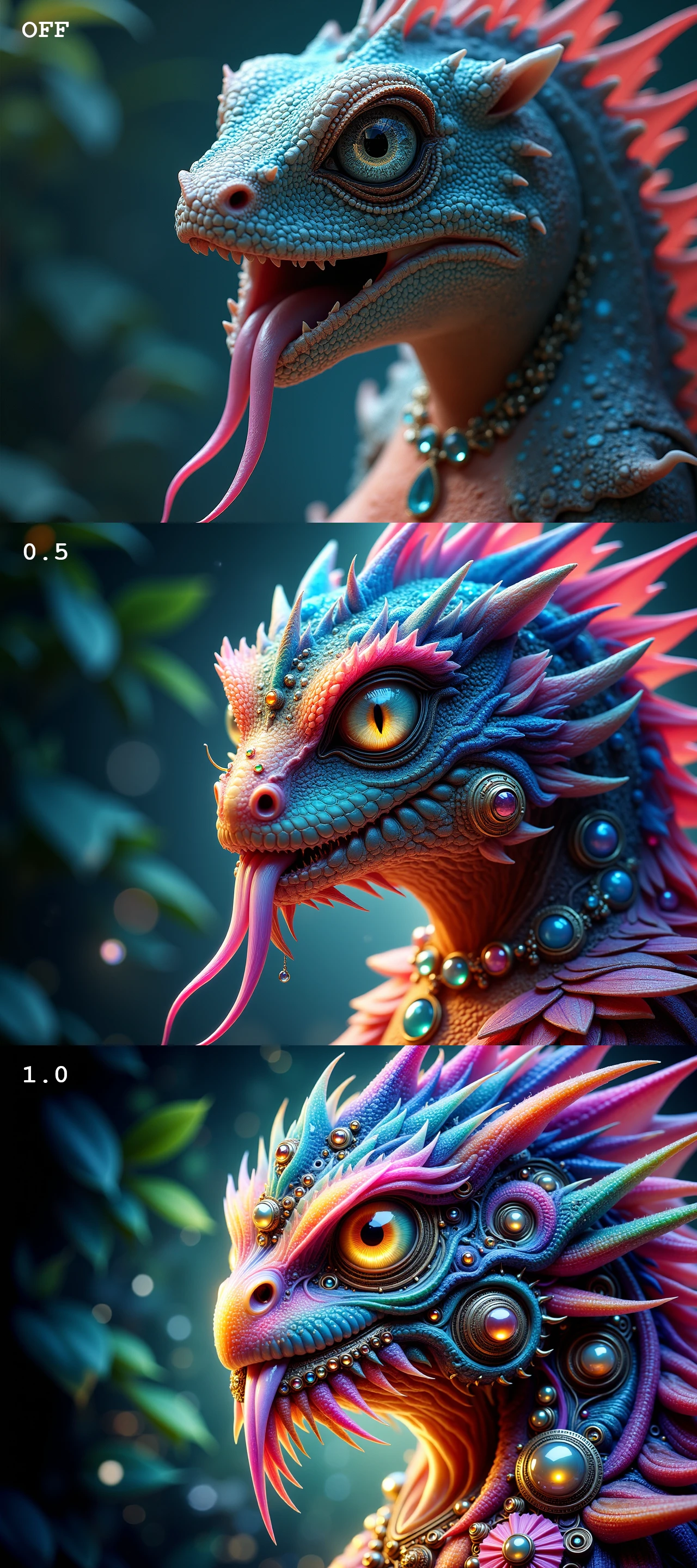 extremely detailed, furry, beautiful lizard woman, scales, head fin, long tongue, realistic, extremely detailed, beautiful icy blue eyes, long eyelashes, color intricate scales, beautiful lush garden background, night sky, dark shadows, jeweled necklace, wearing a petal gown exaggerated colorful art, unique and immersive vibe, highly detailed, 8K, fantasy art