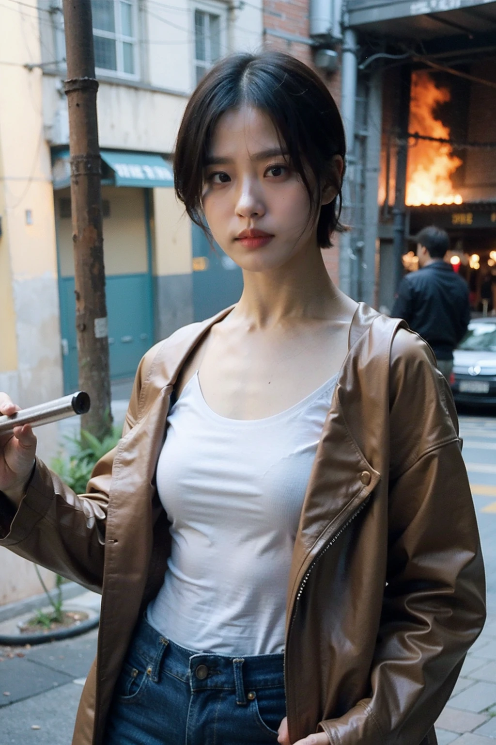 Best quality, masterpiece, ultra high res, (photorealistic), raw photo,1girl, skinny, upper body,solo, realistic, looking at viewer, short hair, bokeh background, city streets, <lora:makina69_gominsi_v1.0:1>, dirty jacket, dirty pants, dirty tanktop, holding crowbar, blood, dirt, mud, fire, monsters, cowboy shot