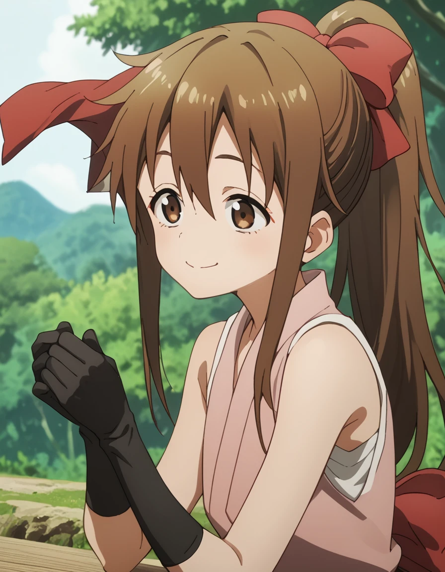 Hinagiku, long hair, bangs, brown hair, gloves, bow, hair between eyes, bare shoulders, brown eyes, ponytail, hair bow, sidelocks, japanese clothes, sleeveless, high ponytail score_9, score_8_up, score_7_up, score_6_up, score_5_up, score_4_up, source_anime ,<lora:HeartofKunoichiTsubaki:1>, Smile, sitting,