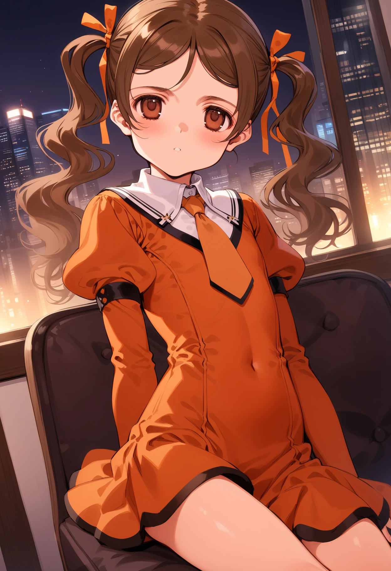 masterpiece,best quality,very aesthetic,absurdres,intricate details,1girl,
<lora:sayu_v1:1>,sayu,twintails,hair ribbon,brown eyes,brown hair,
<lora:Fixhands_anime_bdsqlsz_V1:1>,indoor,city,Skyscraper,night,
looking at viewer,blush,long sleeves,white background,dress,necktie,puffy sleeves,parted bangs,red dress,juliet sleeves,orange dress,orange ribbon,orange necktie,sitting_on_chair,, masterpiece,best quality, very aesthetic, absurdres, ultra detailed, high resolution, 4k, extremely detailed CG,