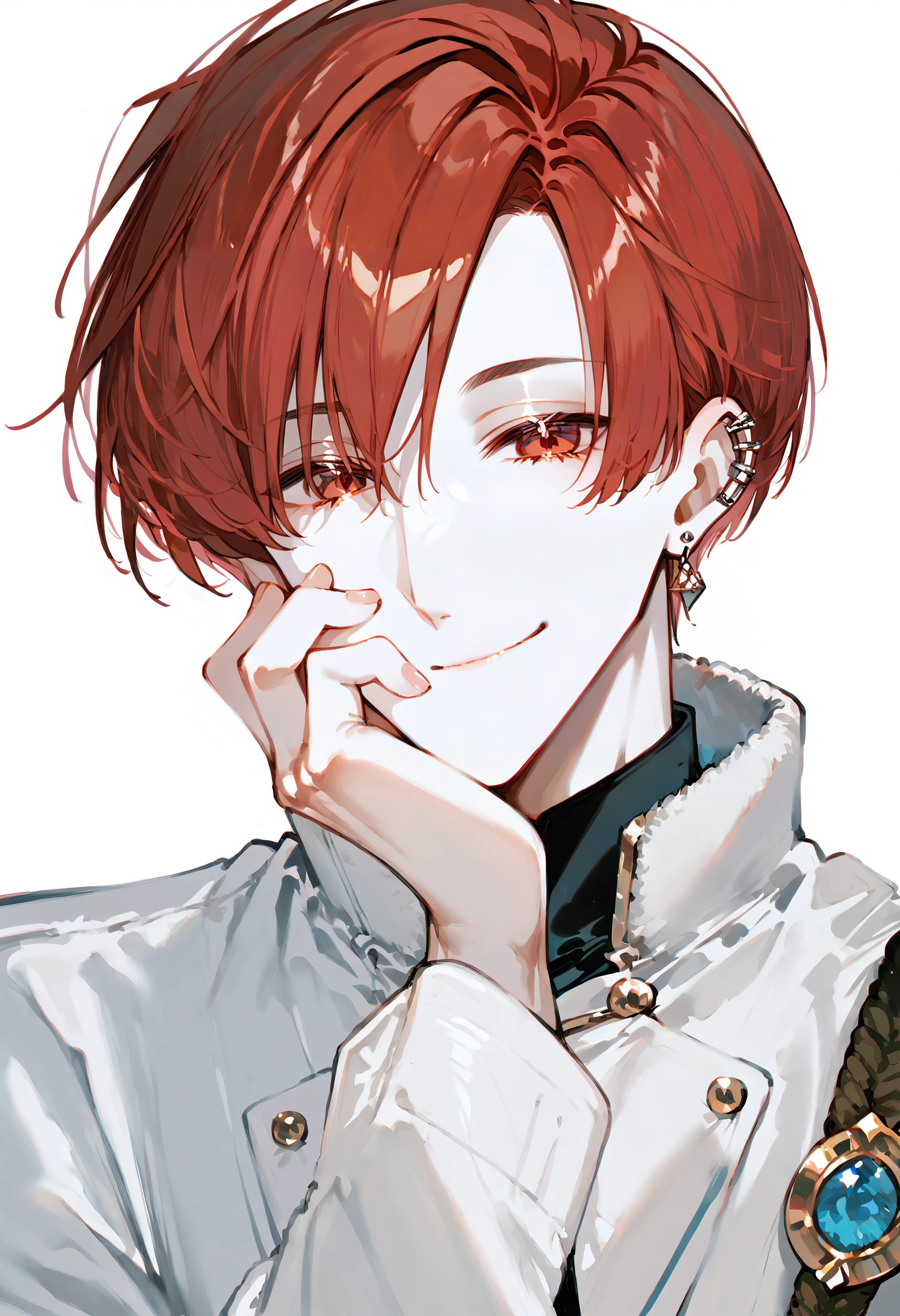 score_9, score_8_up, score_7_up, best quality, source_anime BREAK, 1boy, male focus, red hair, red eyes, white background, looking at viewer, jewelry, smile, earrings, short hair, simple background, closed mouth, white jacket, ear piercing, upper body, long sleeves, hand on own face, <lora:jNwFwFCQmXr3Wt1:1>